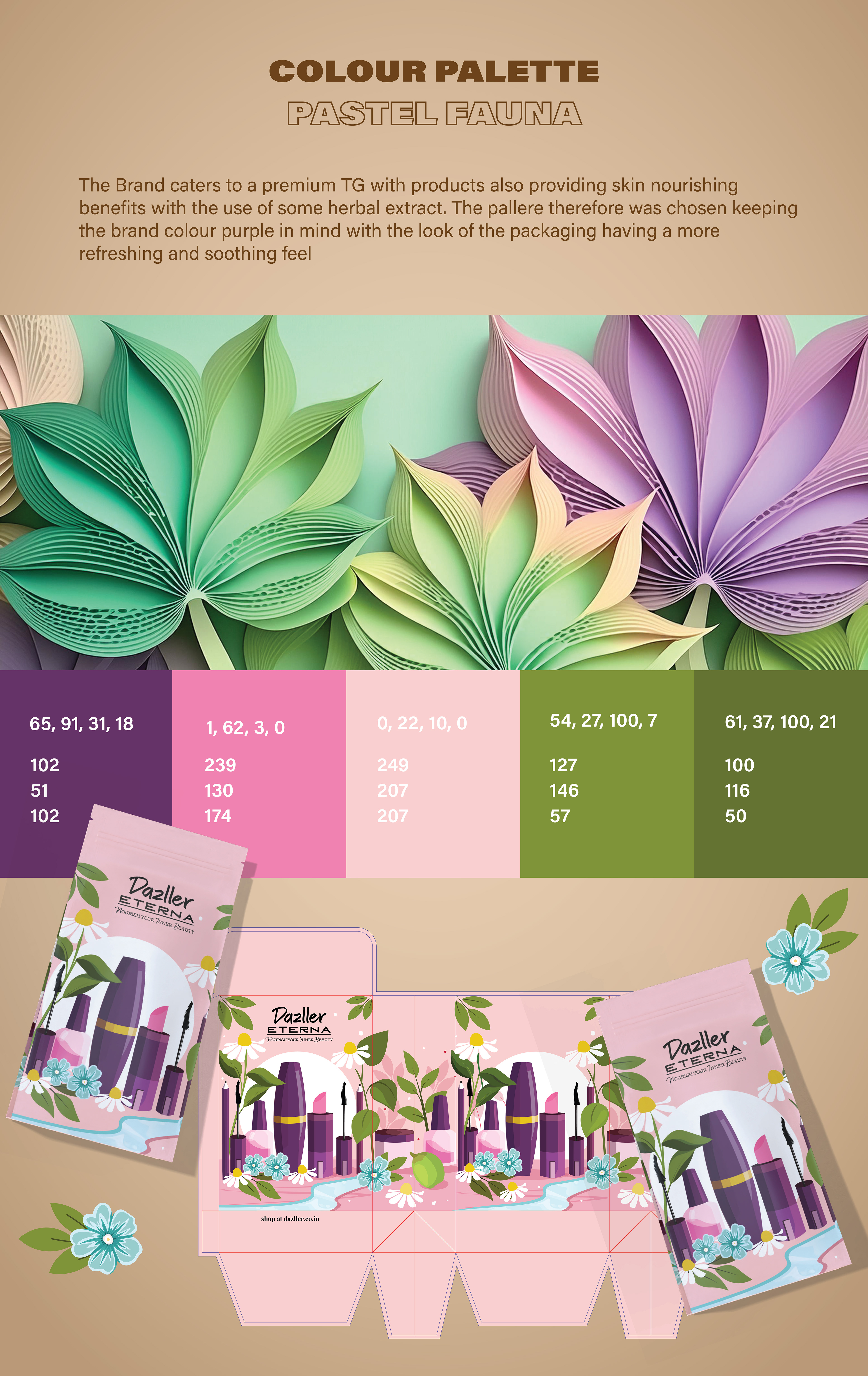 Dazller e-commerce pouch package design: pastel forest colour palette with pouch dieline and paper leaves