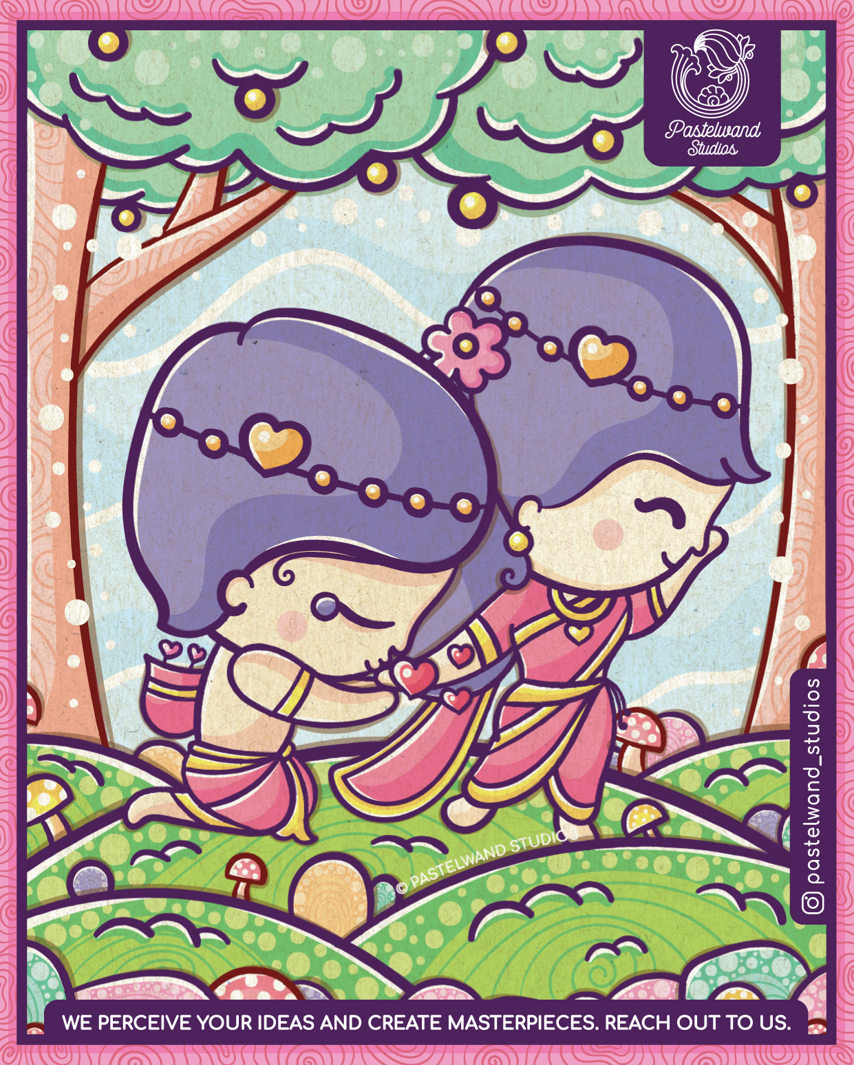 Kawaii love edition, Journey of Tutti Frutti: cute couple walking hand in hand in the woods
