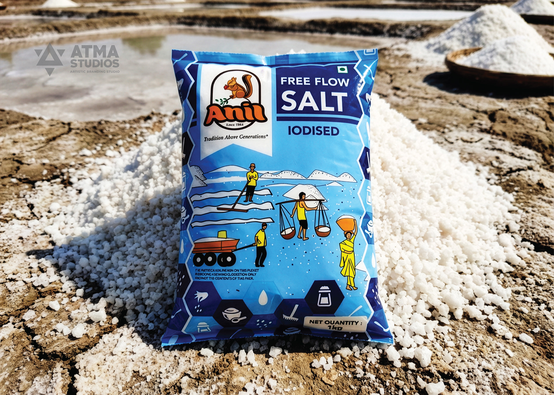Anil Foods rebranding: free flow iodised salt pack mockup on a salt pan