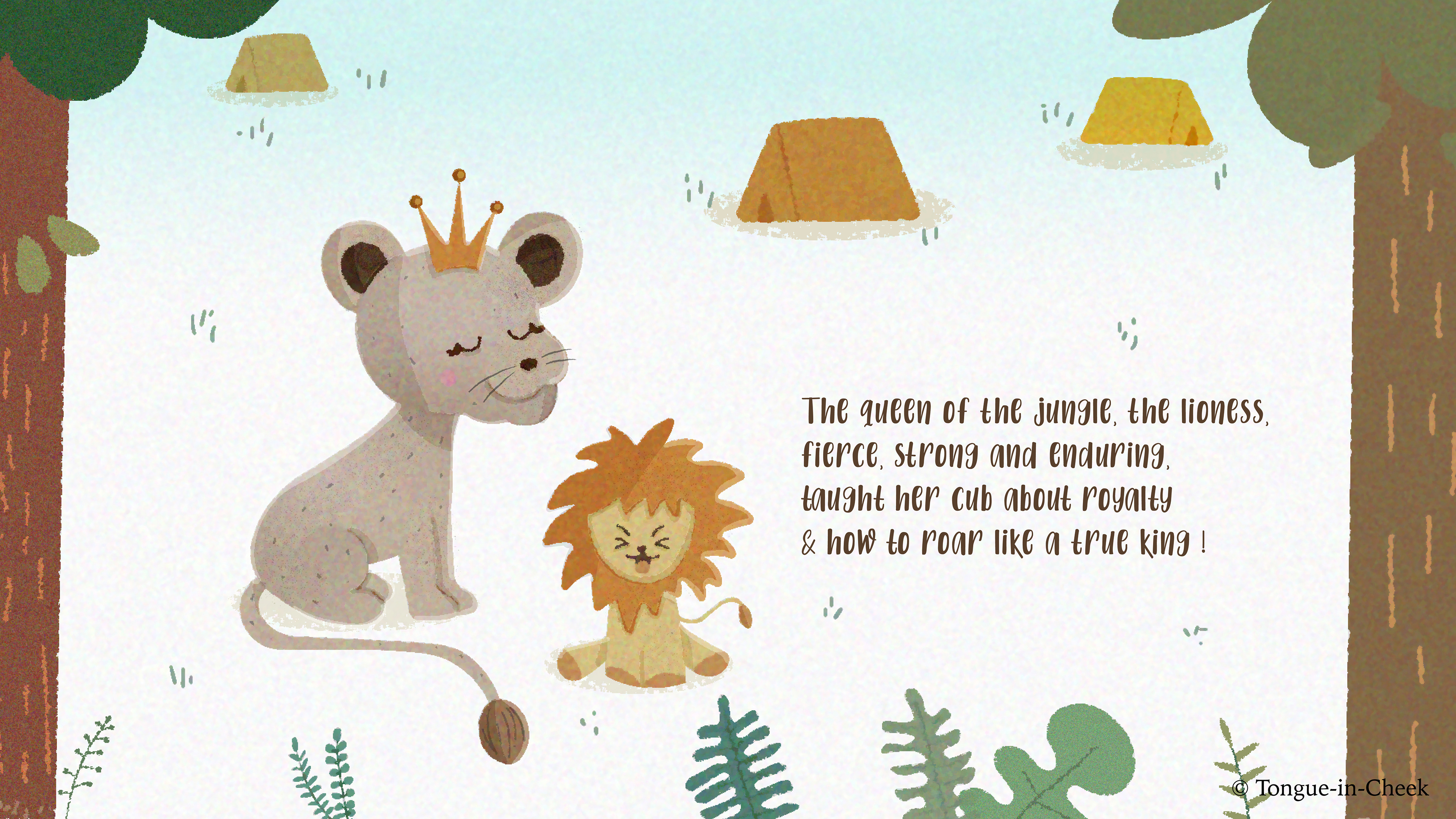 Learnings from Animal Moms vector poem children's book: poem page with a lion mother and cub