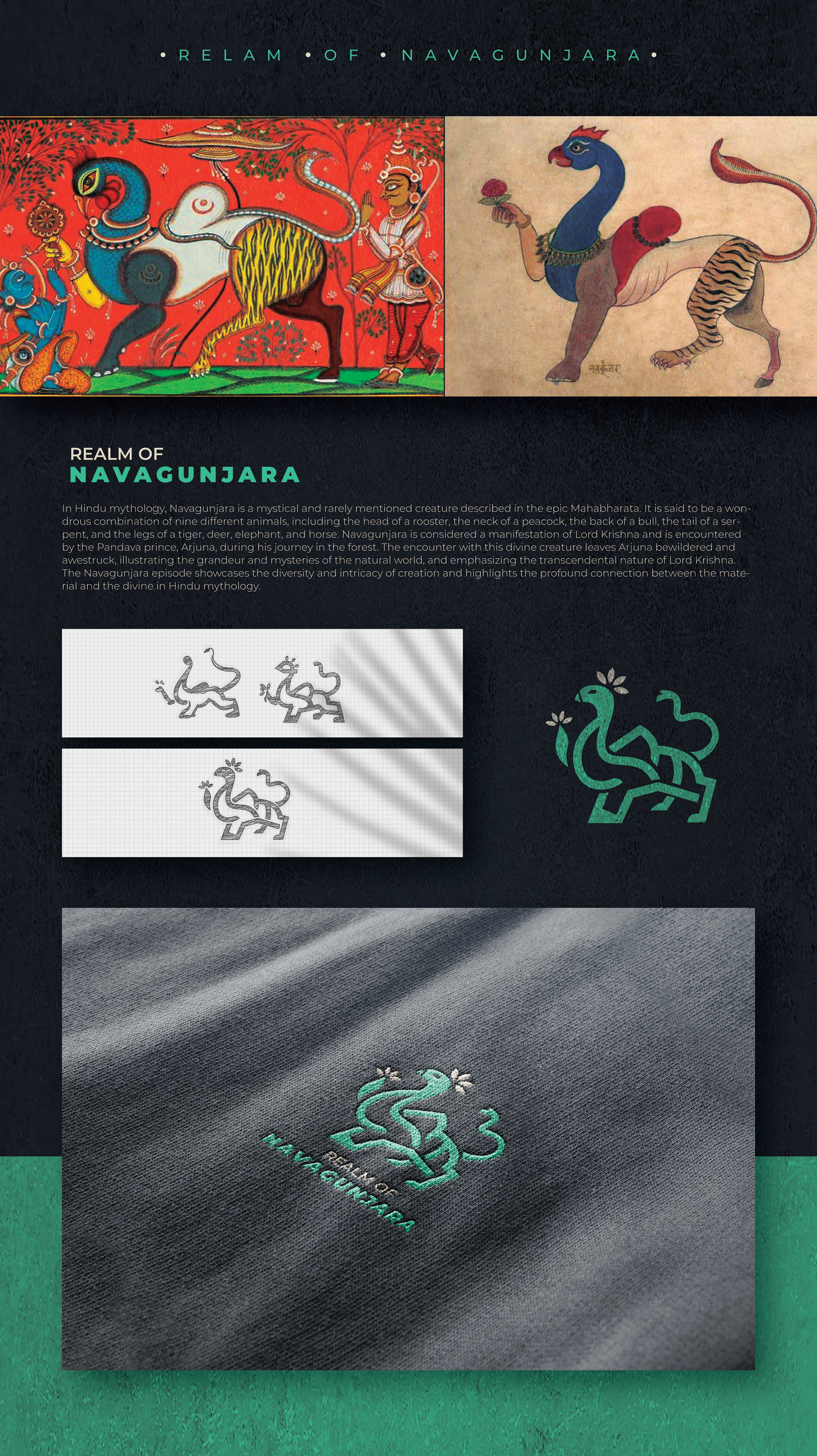 Artpreneur program sub-brand logo set inspired by Indian mythical creatures: realm of Navagunjara: composite creature references, sketches and the final line logo on fabric