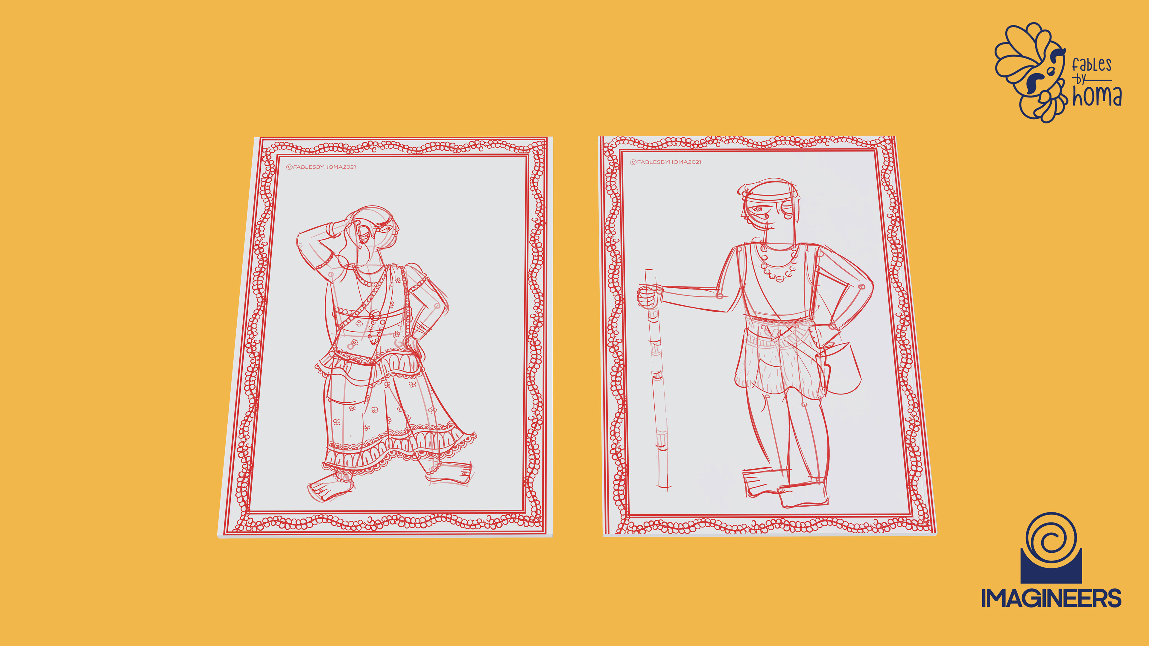 Epiphany Madhubani experimental illustrations: #36 Framed inked figure prints