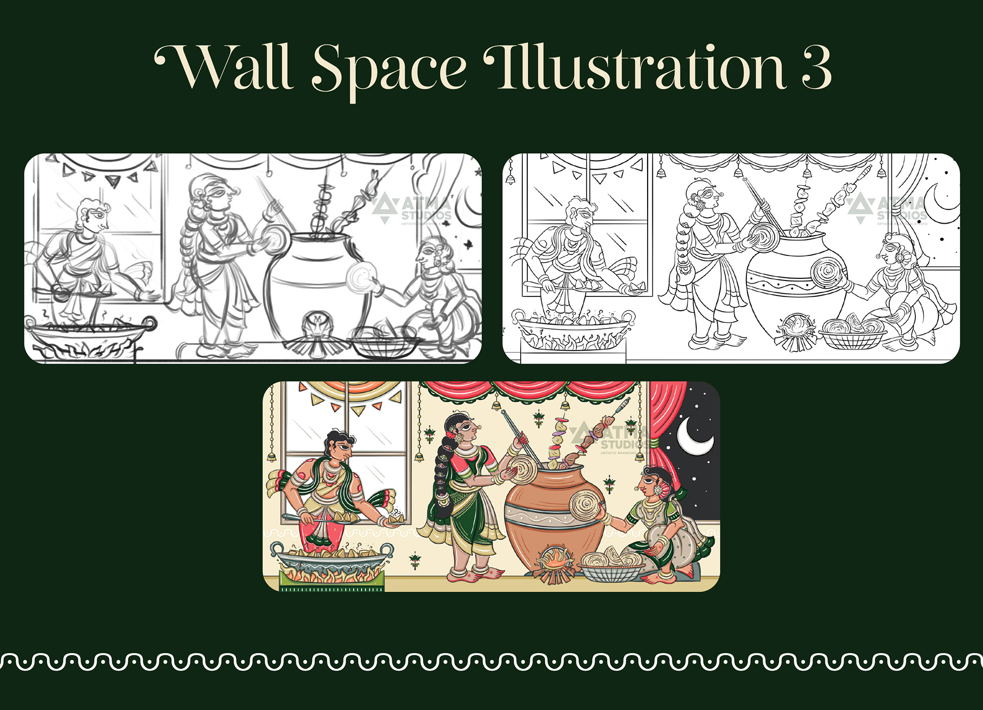 India Spice House restaurant wall art in Cheriyal scroll style, USA: wall space illustration 3 from sketch to colour