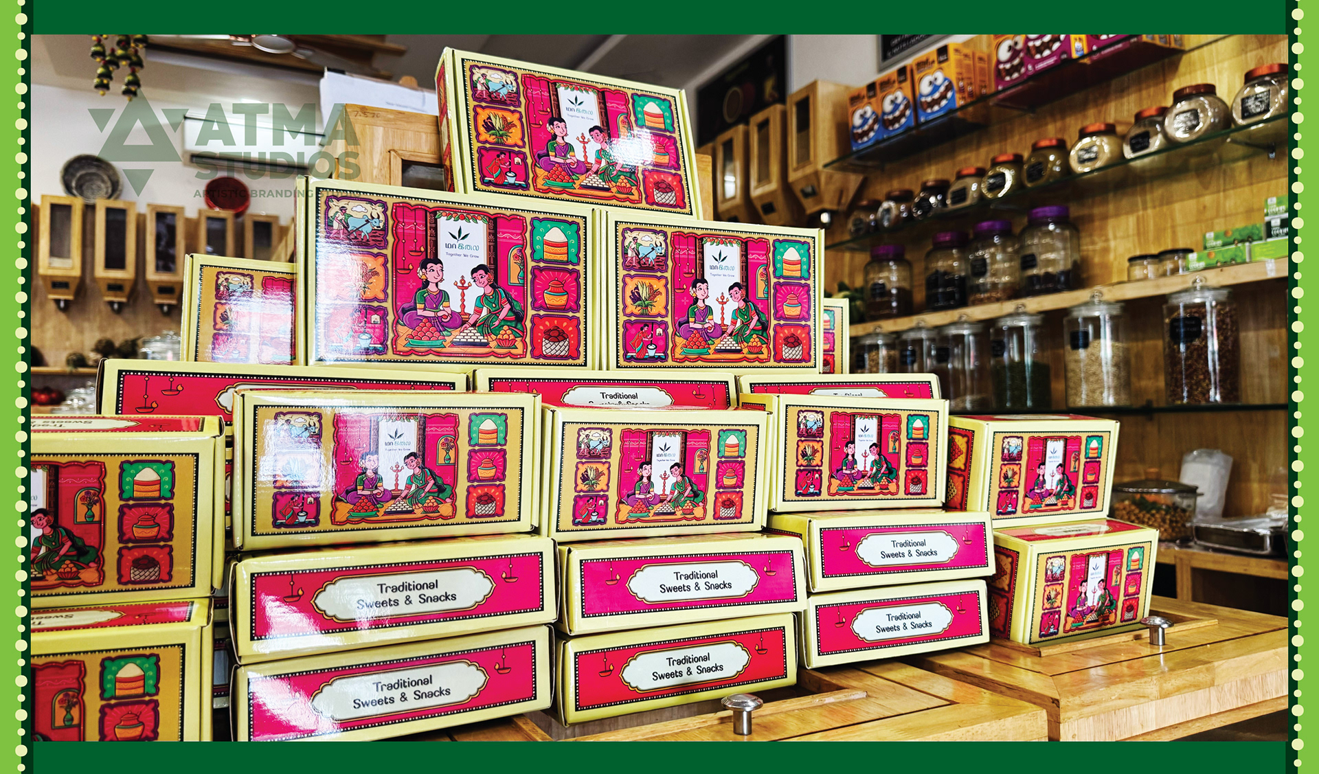Maa Ilay illustrated sweet box package design: pyramid display of sweet boxes