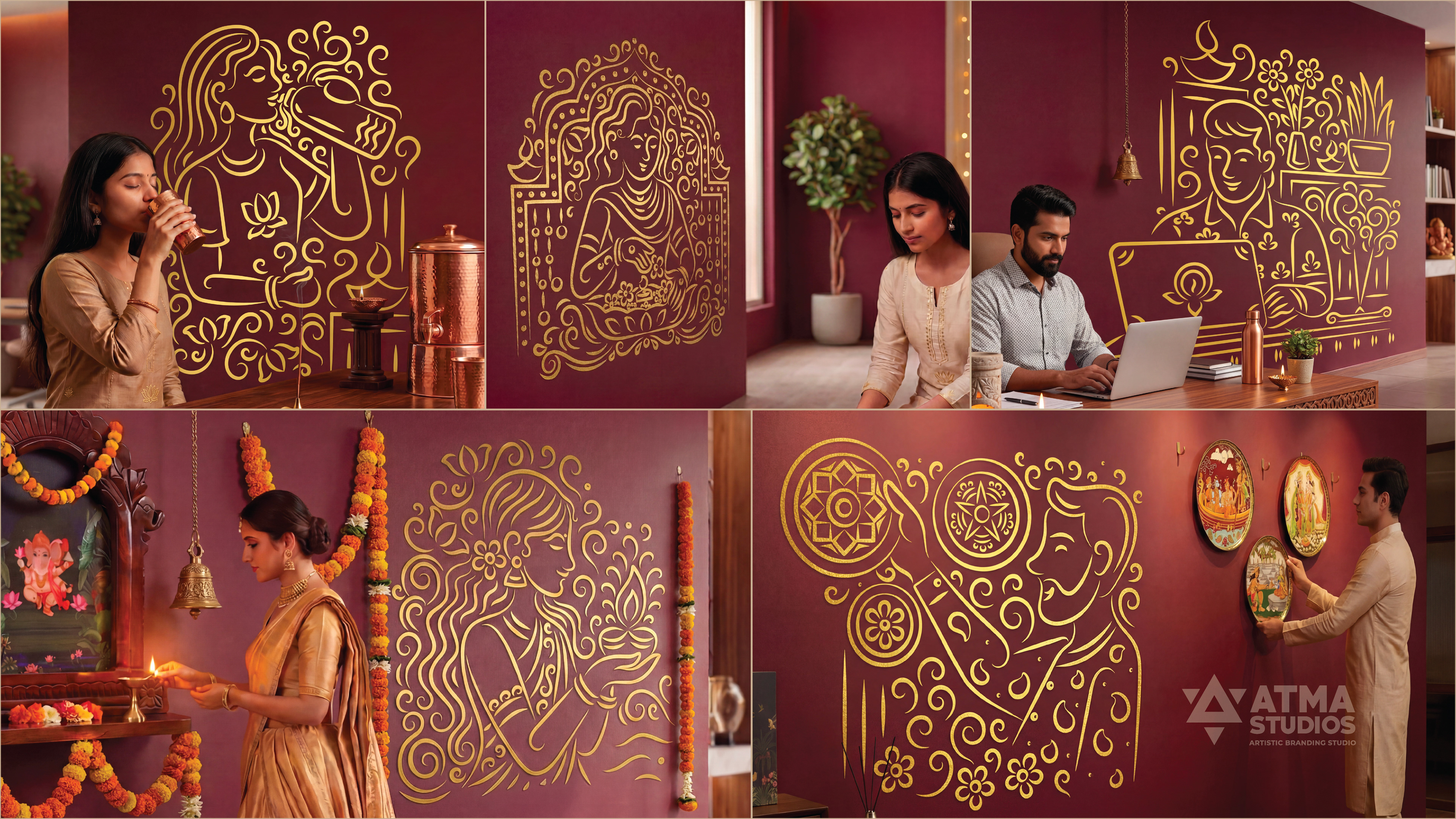 Ritualistic mindful essentials brand: gold line illustrations on maroon walls in a store interior