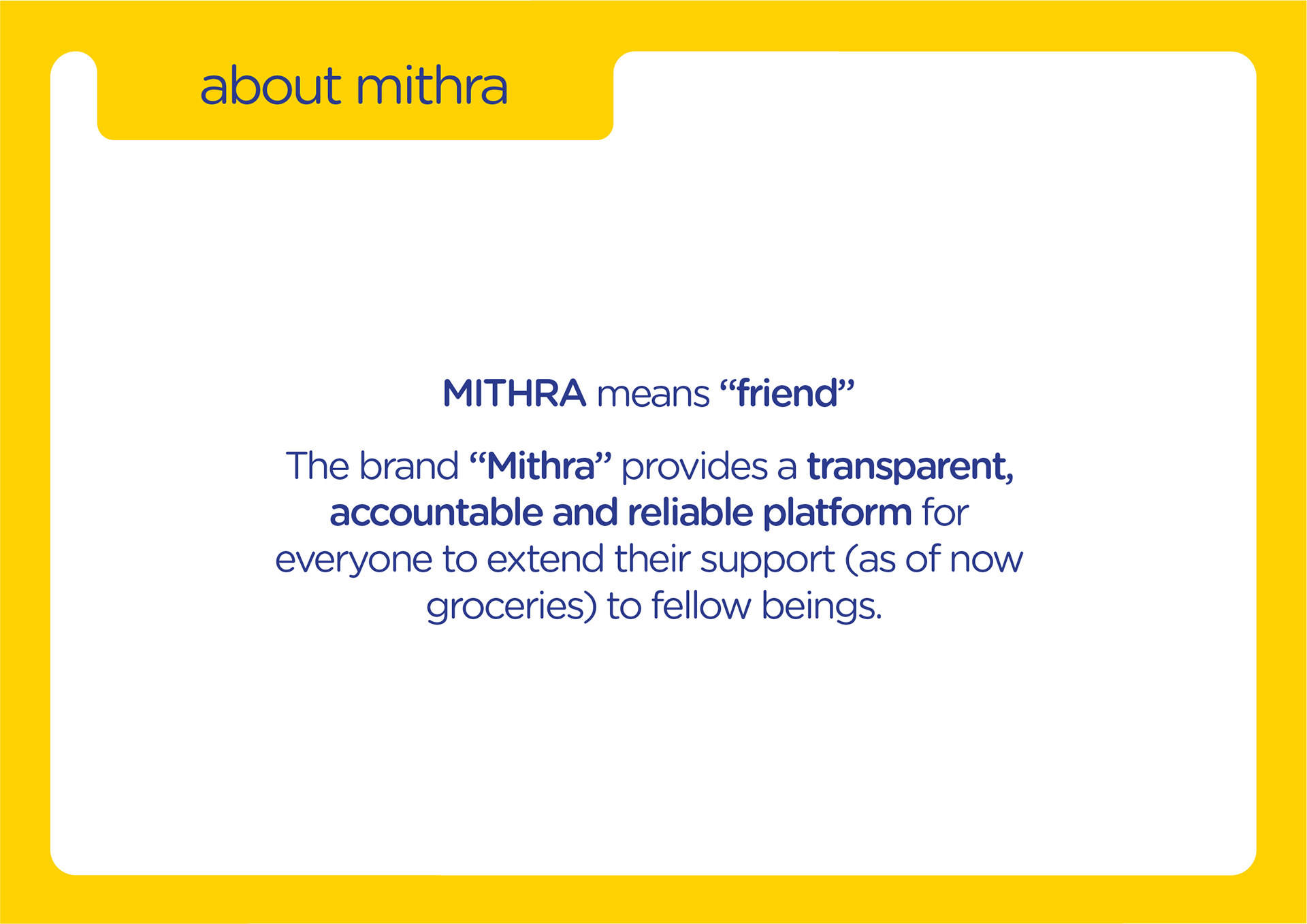 Mithra donation platform brand guidelines: about Mithra slide explaining the name means friend