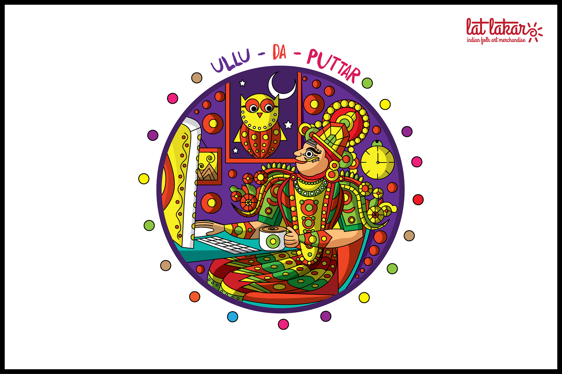 Lat Lakar Indian folk art merchandise: Vellu Di Puttar circular illustration