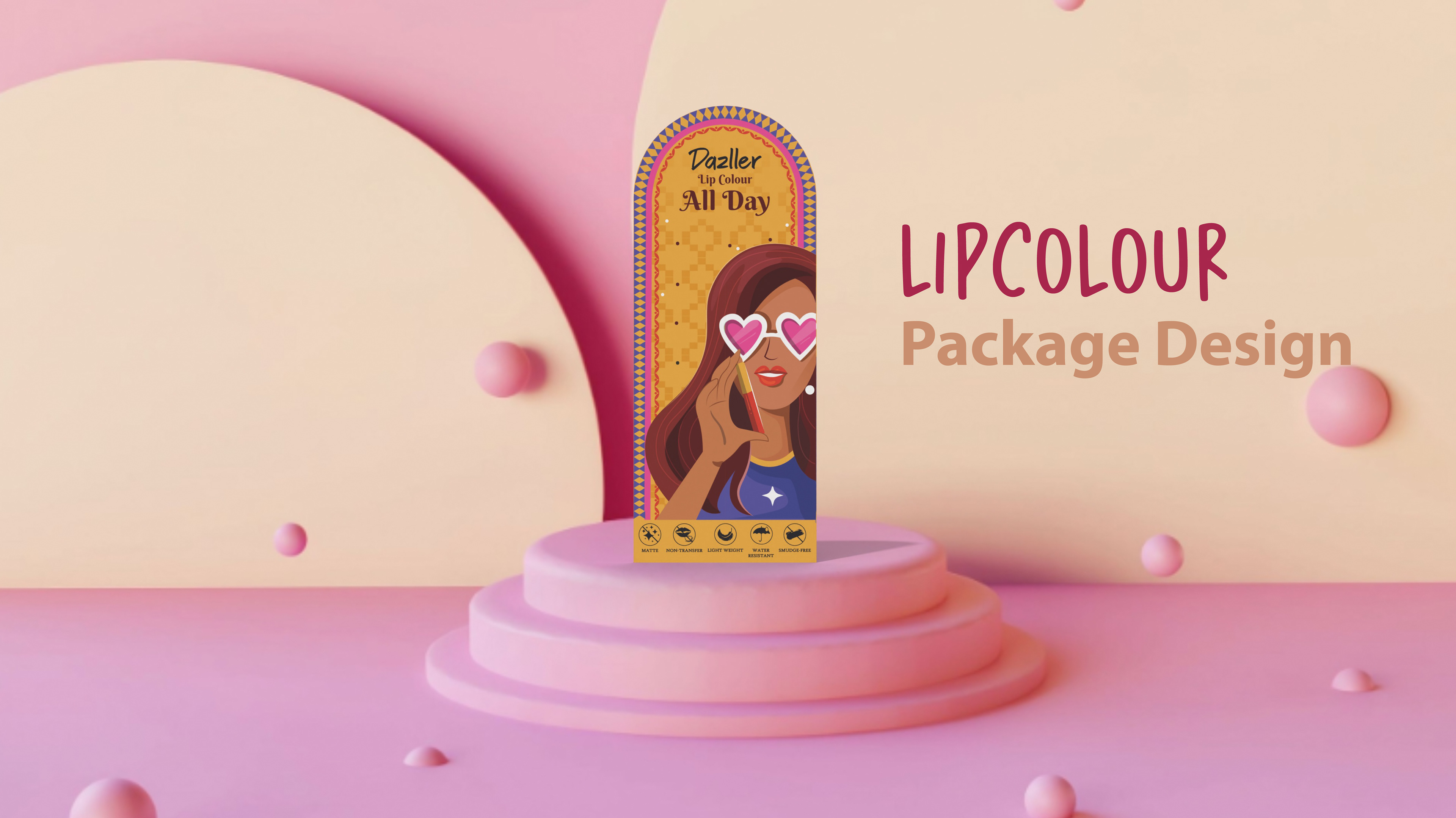 Dazller lip colour package design: arched lip colour cartons on a pink podium, package design by Atma Studios