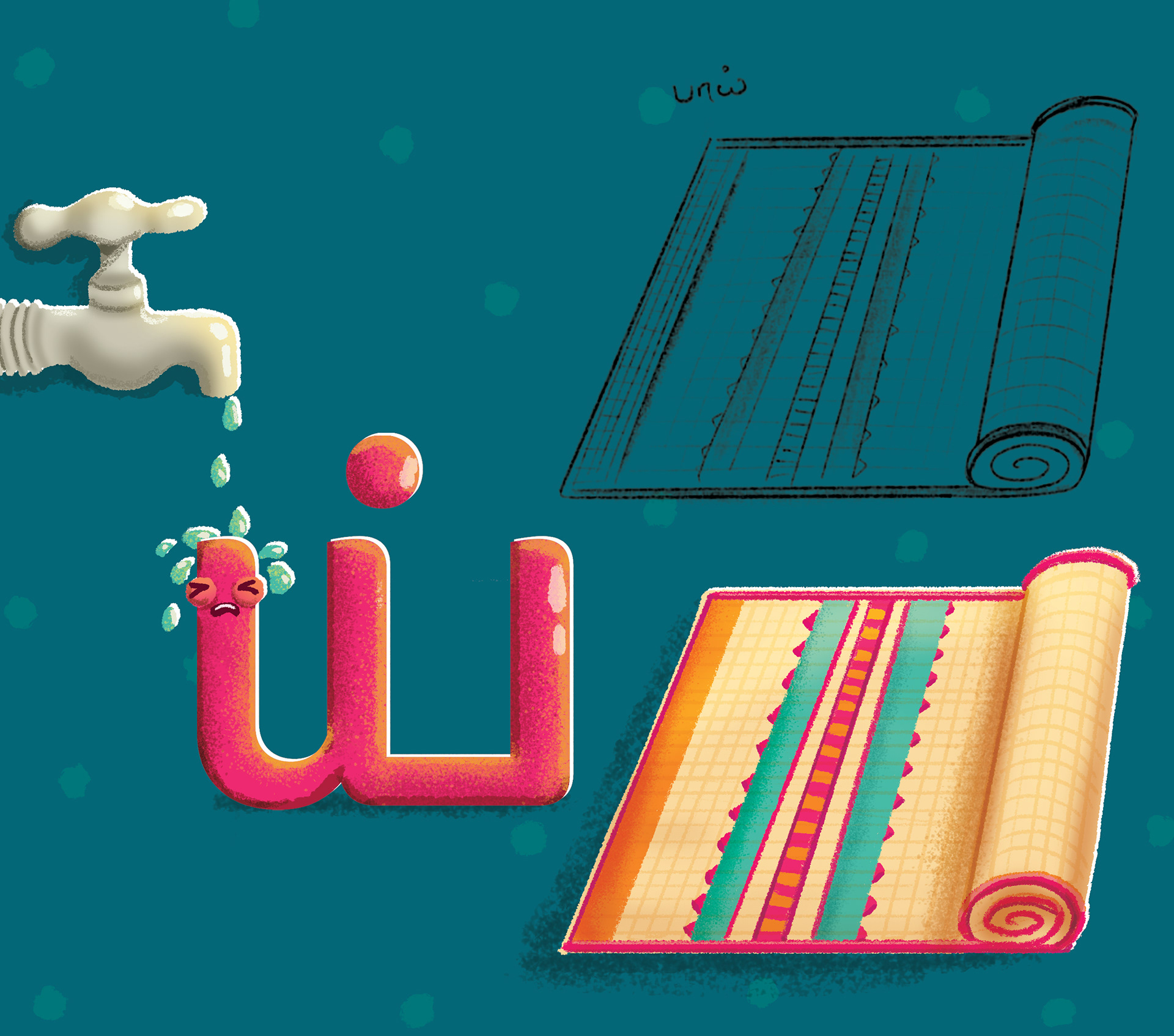 Vidhaippom Meithamizhai Tamil alphabet board book: page with a tap and rolled mat for the letter ya