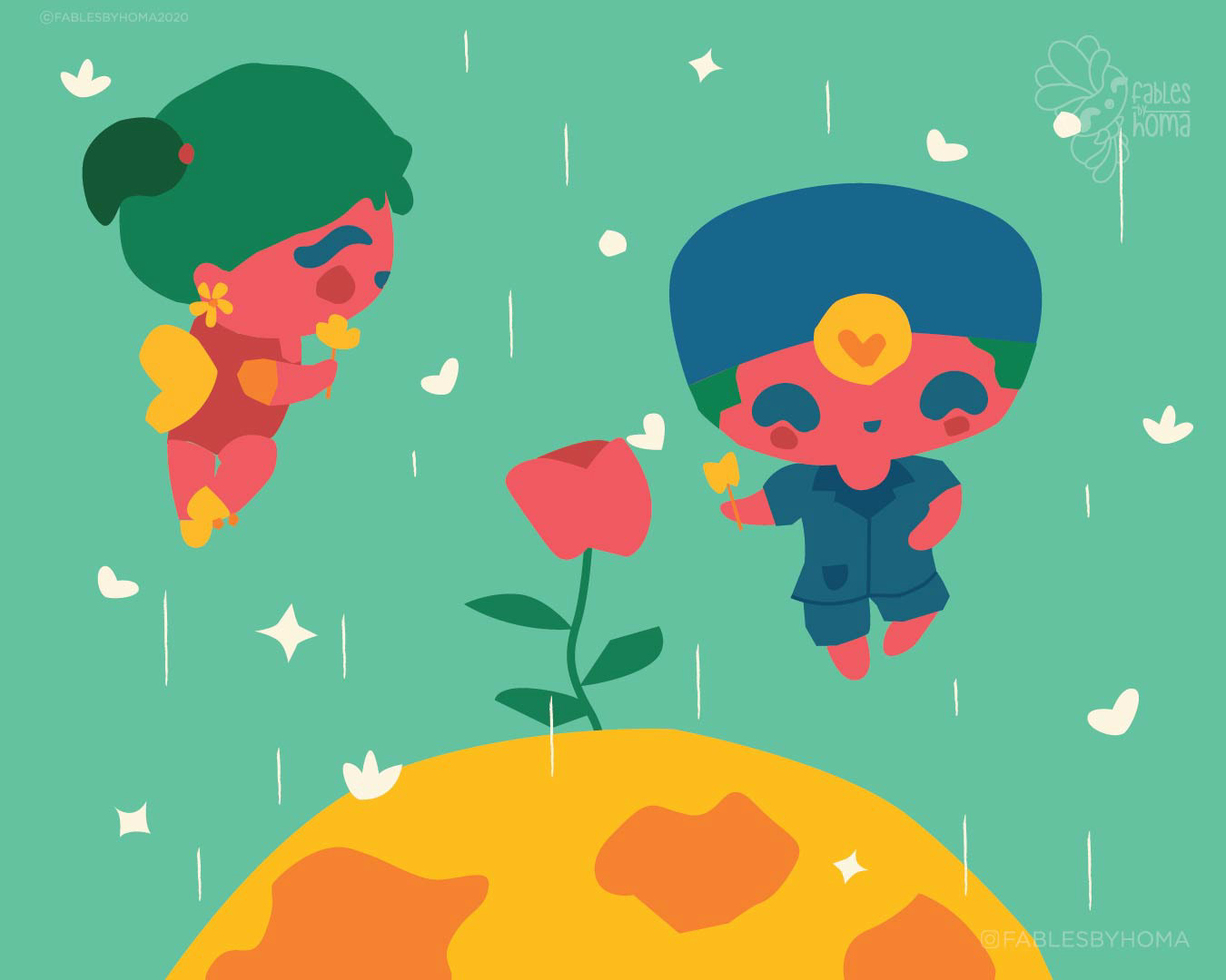 Japanese kawaii nouveau cute characters: #29 Kawaii couple with a rose on a planet