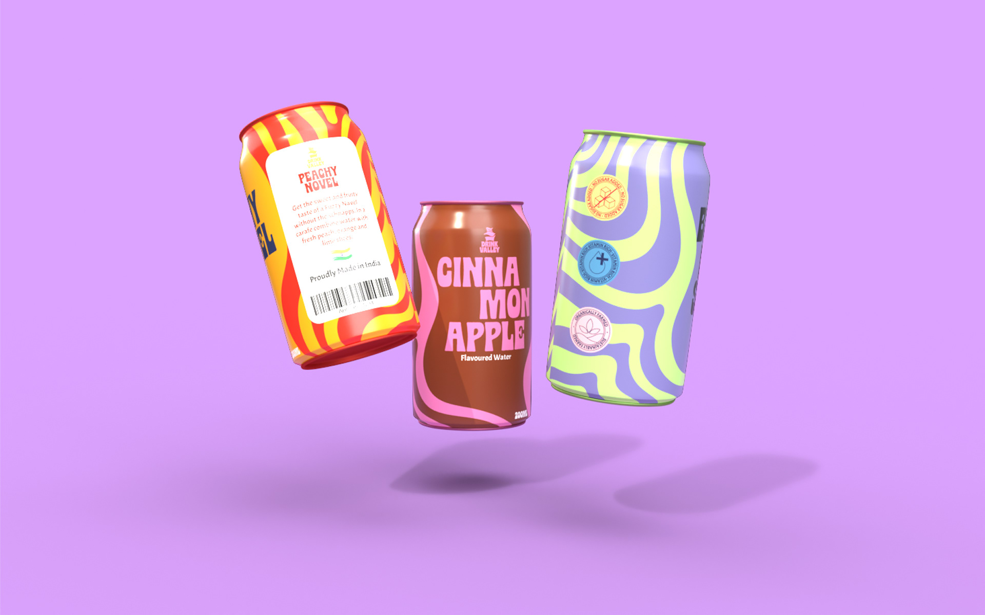 Drink Valley flavoured soda can branding and packaging: three soda cans floating on lilac