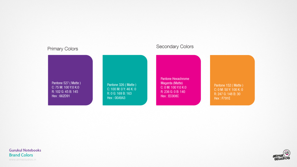 Gurukul Notebooks brand: brand colours in purple, teal, pink and orange