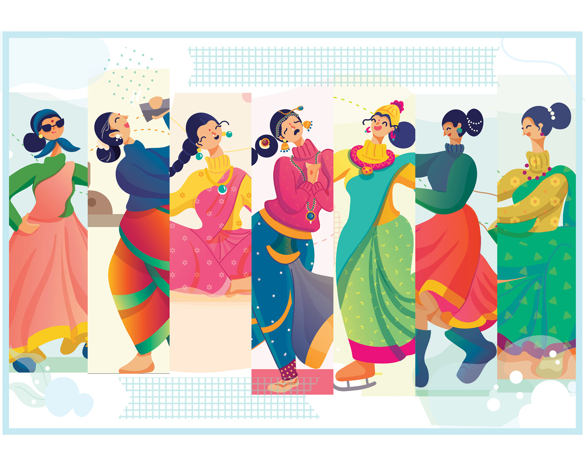 Winter in Chennai illustration series: group of Chennai women in saris enjoying winter