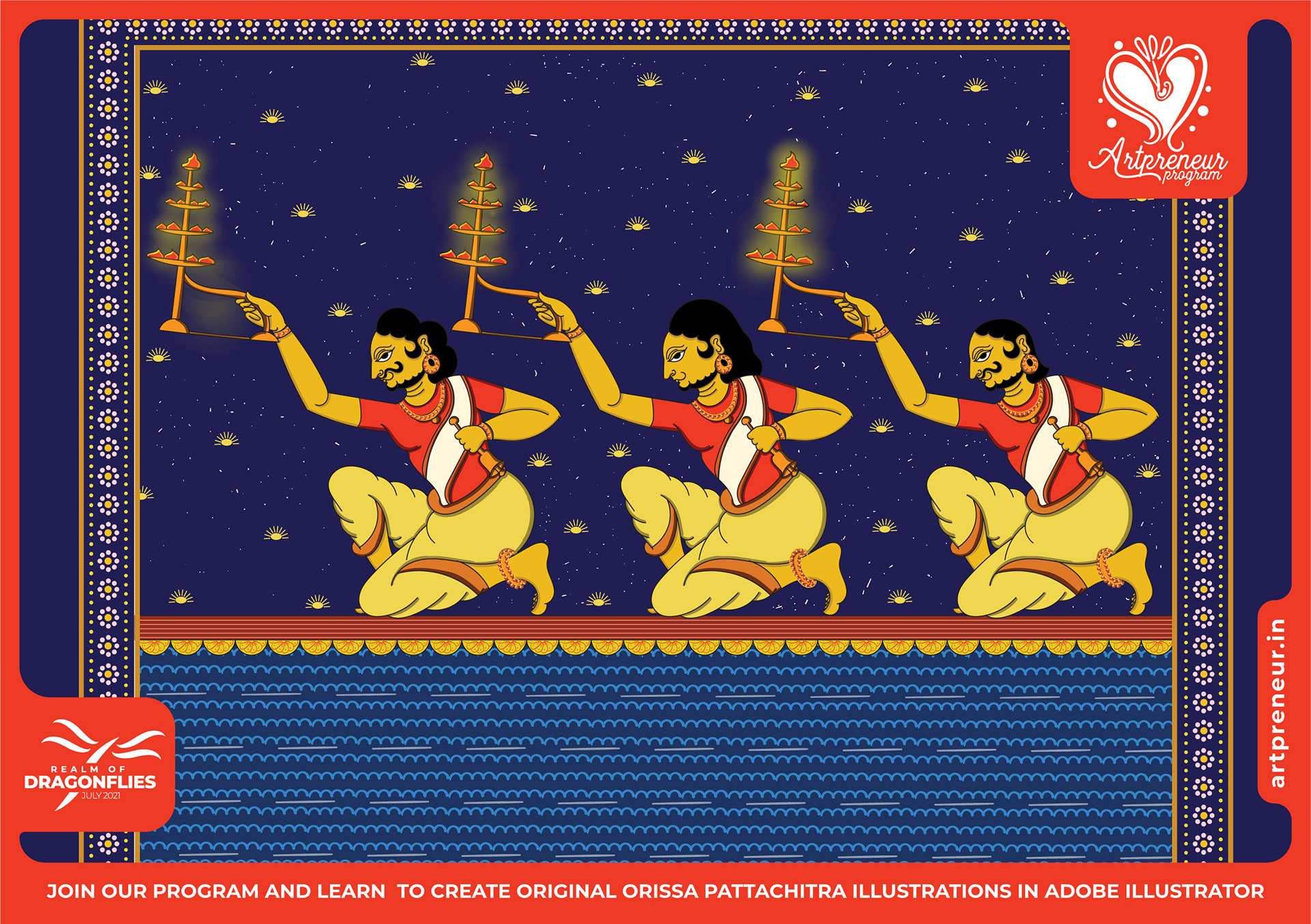30 Orissa Pattachitra Indian folk illustrations: #6 Three dancers with lamps