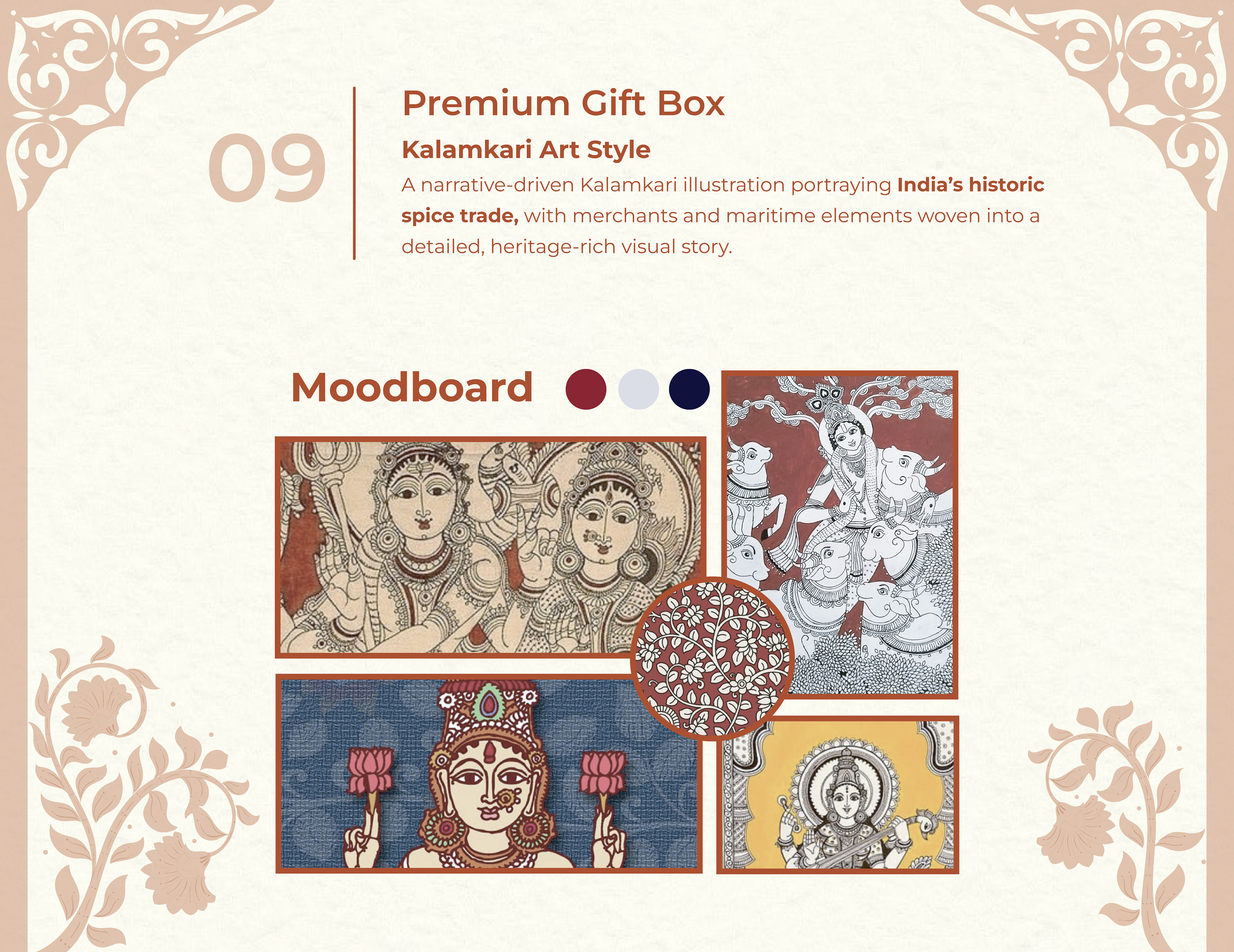 Homerah premium lifestyle candle and incense package design: premium gift box 09 in Kalamkari art style, moodboard