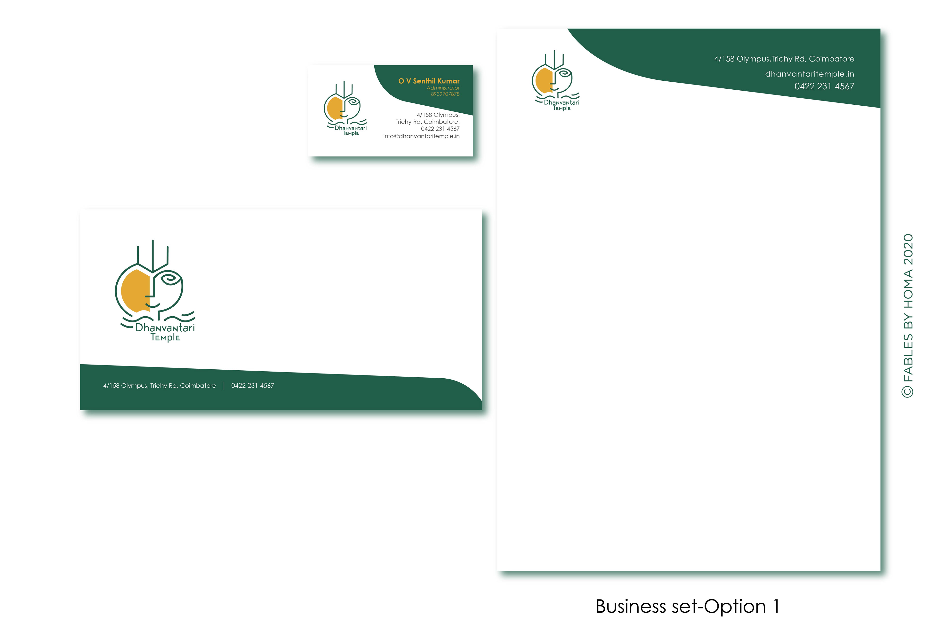 Dhanvantari Temple brand: business stationery set option 1 with letterhead, envelope and cards