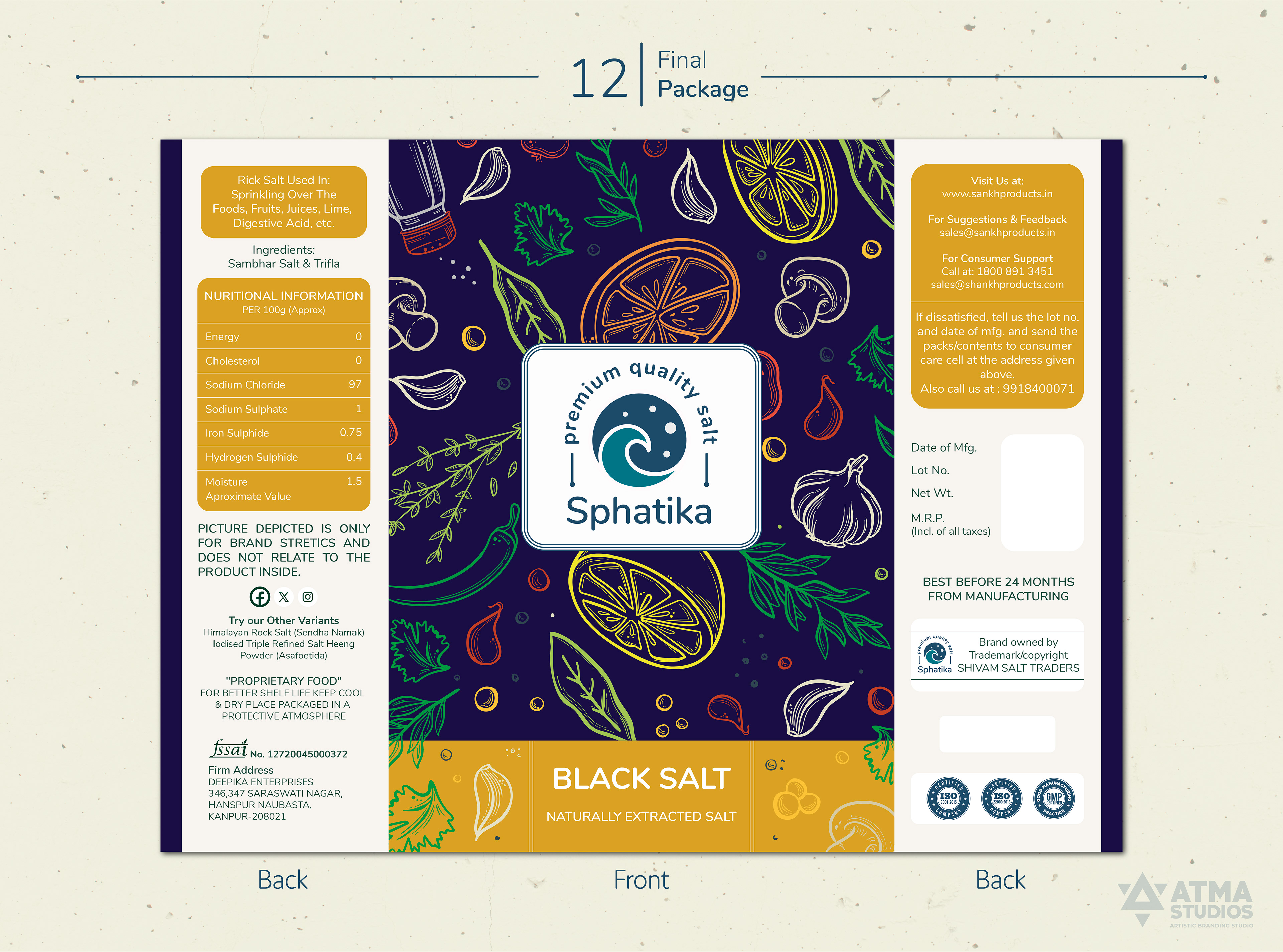 Sphatika premium salt brand: final black salt package design, flat layout with front and back