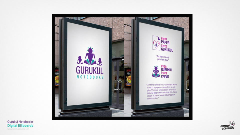 Gurukul Notebooks brand: bus shelter billboard designs with the Gurukul logo