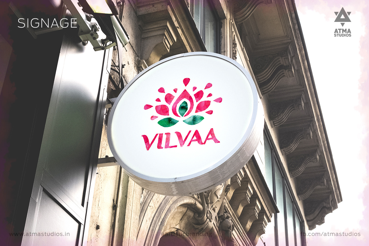 Vilvaa online garland store brand: round storefront signage with the Vilvaa logo