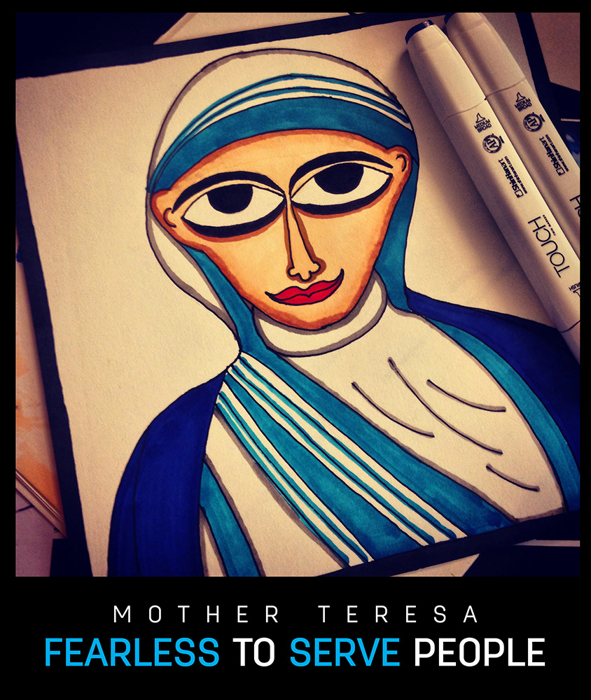 50 contemporary Indian folk art illustrations: #36 "Fearless to serve people" Mother Teresa portrait
