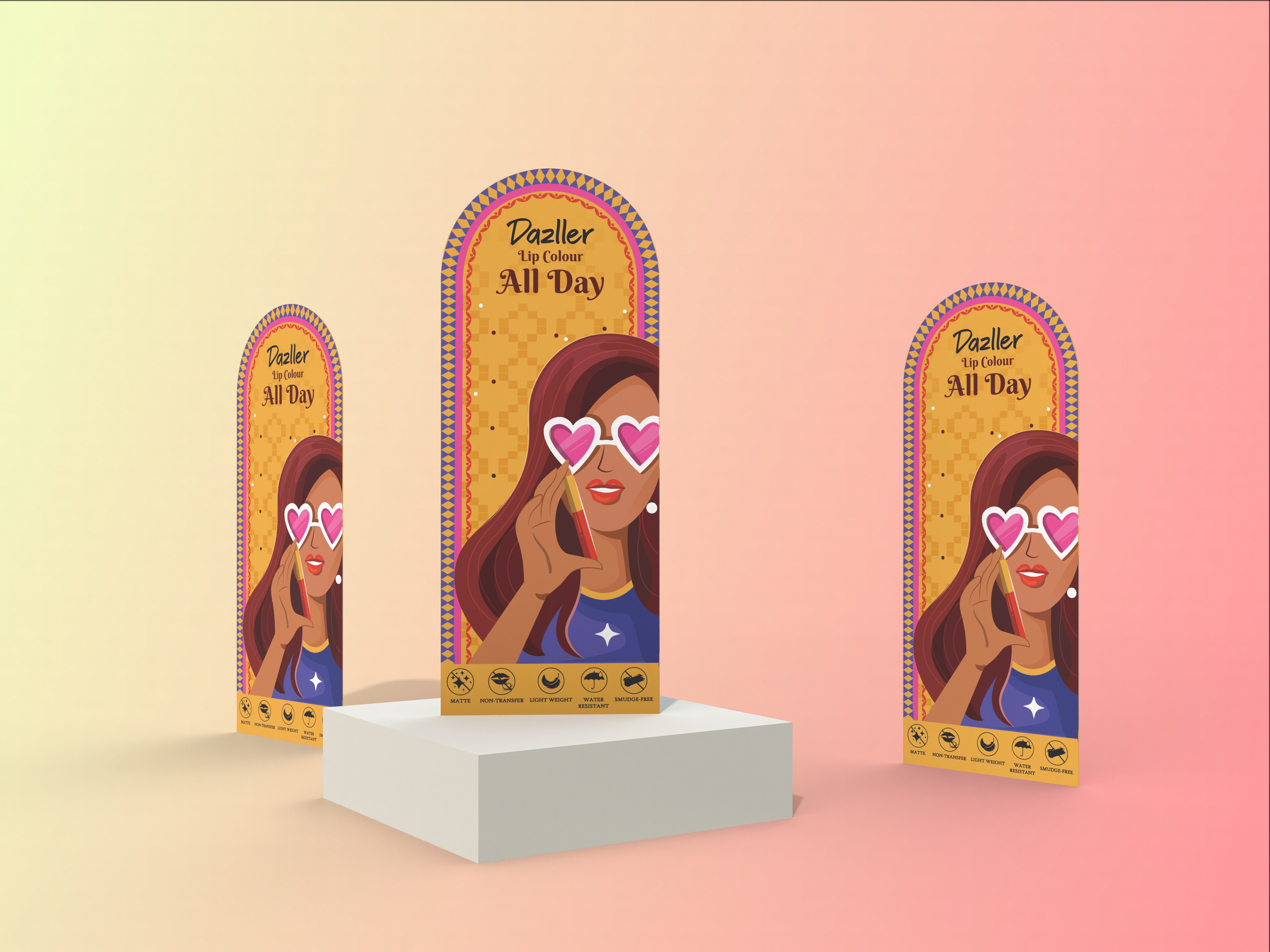 Dazller lip colour package design: three cartons on a white podium