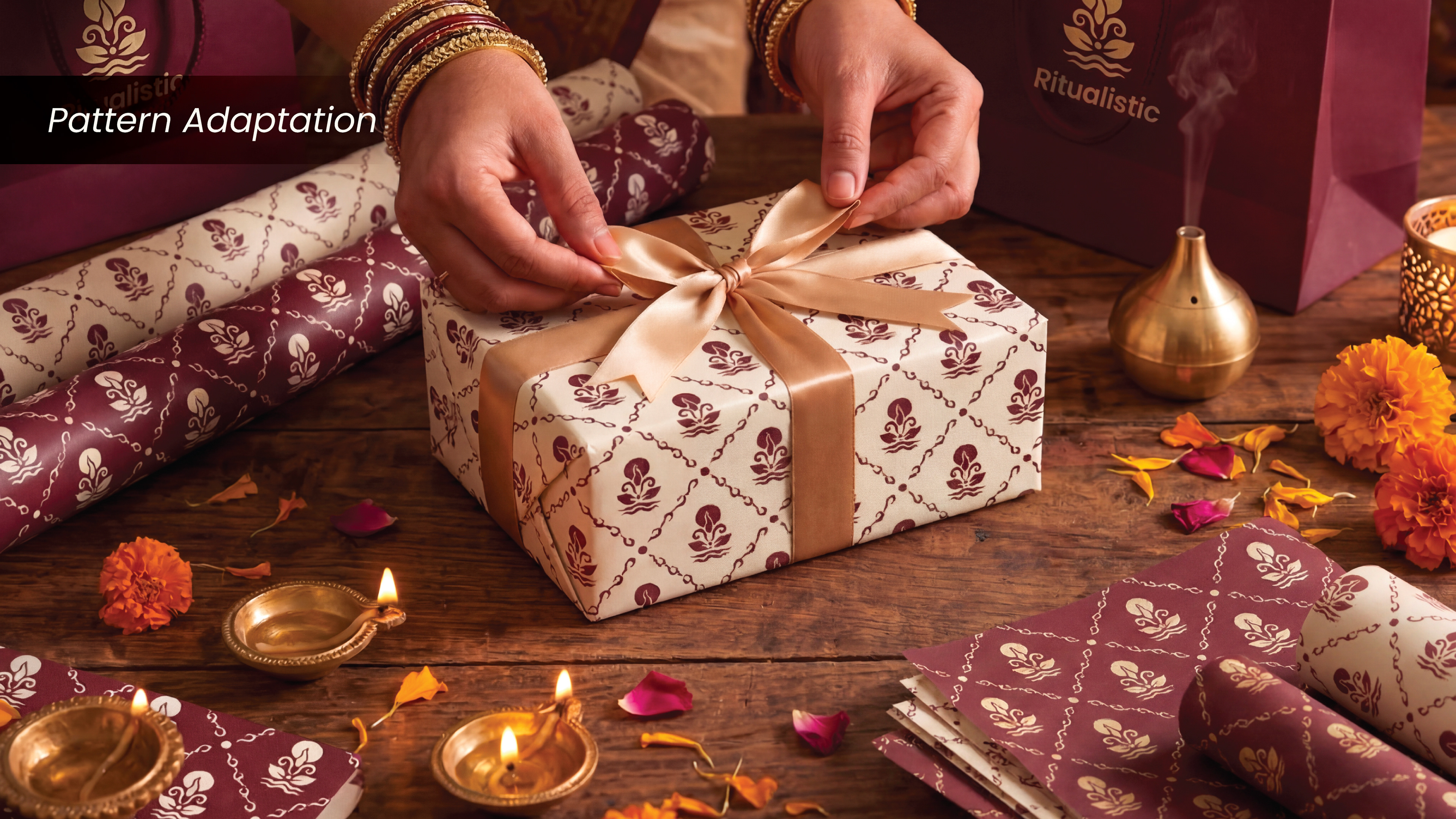 Ritualistic mindful essentials brand: pattern adaptation on gift wrapping paper and boxes