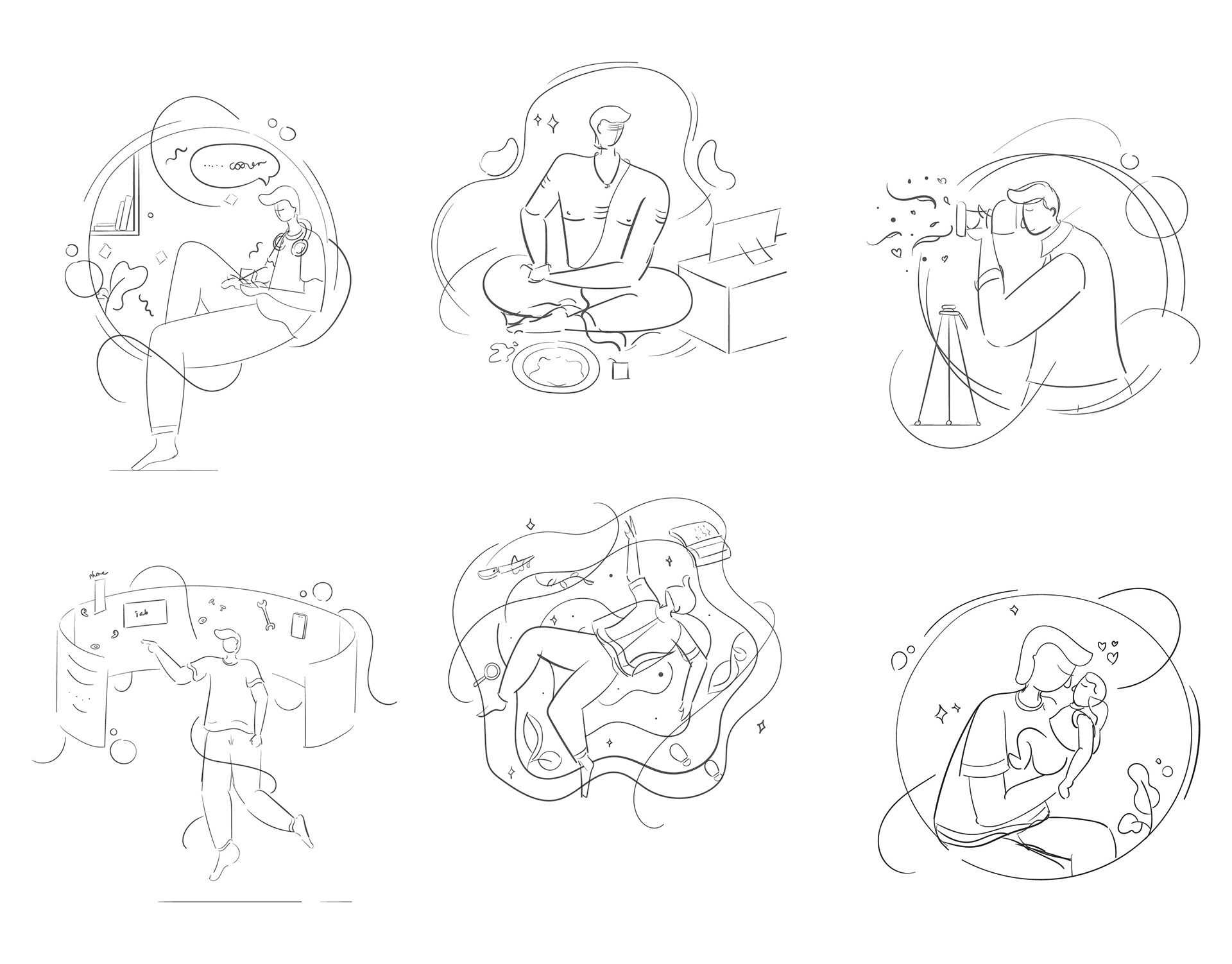 Celebrating men, Art Deco illustrations: #2 Pencil sketches of the series, sheet 1