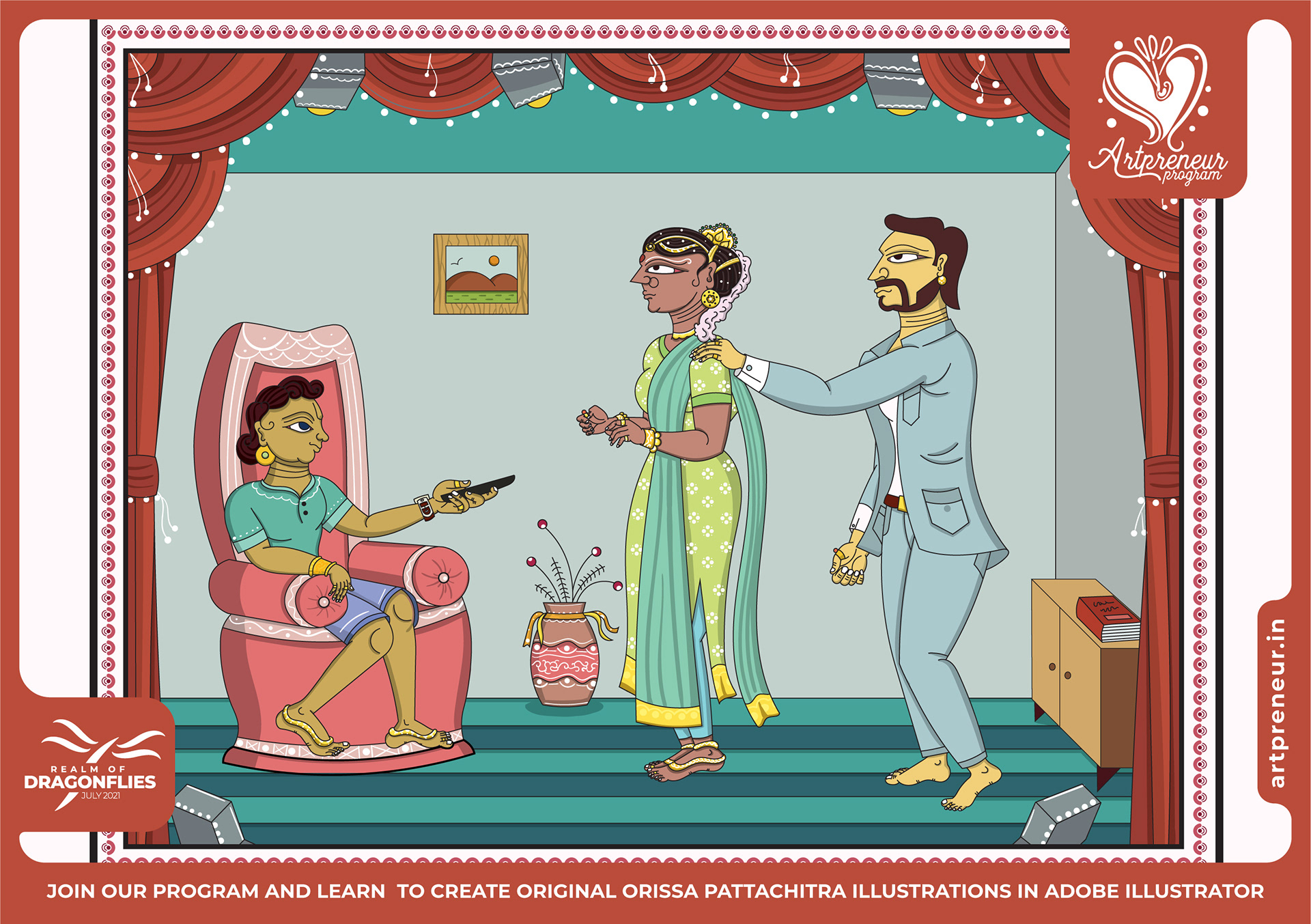 30 Orissa Pattachitra Indian folk illustrations: #15 Doctor with a patient