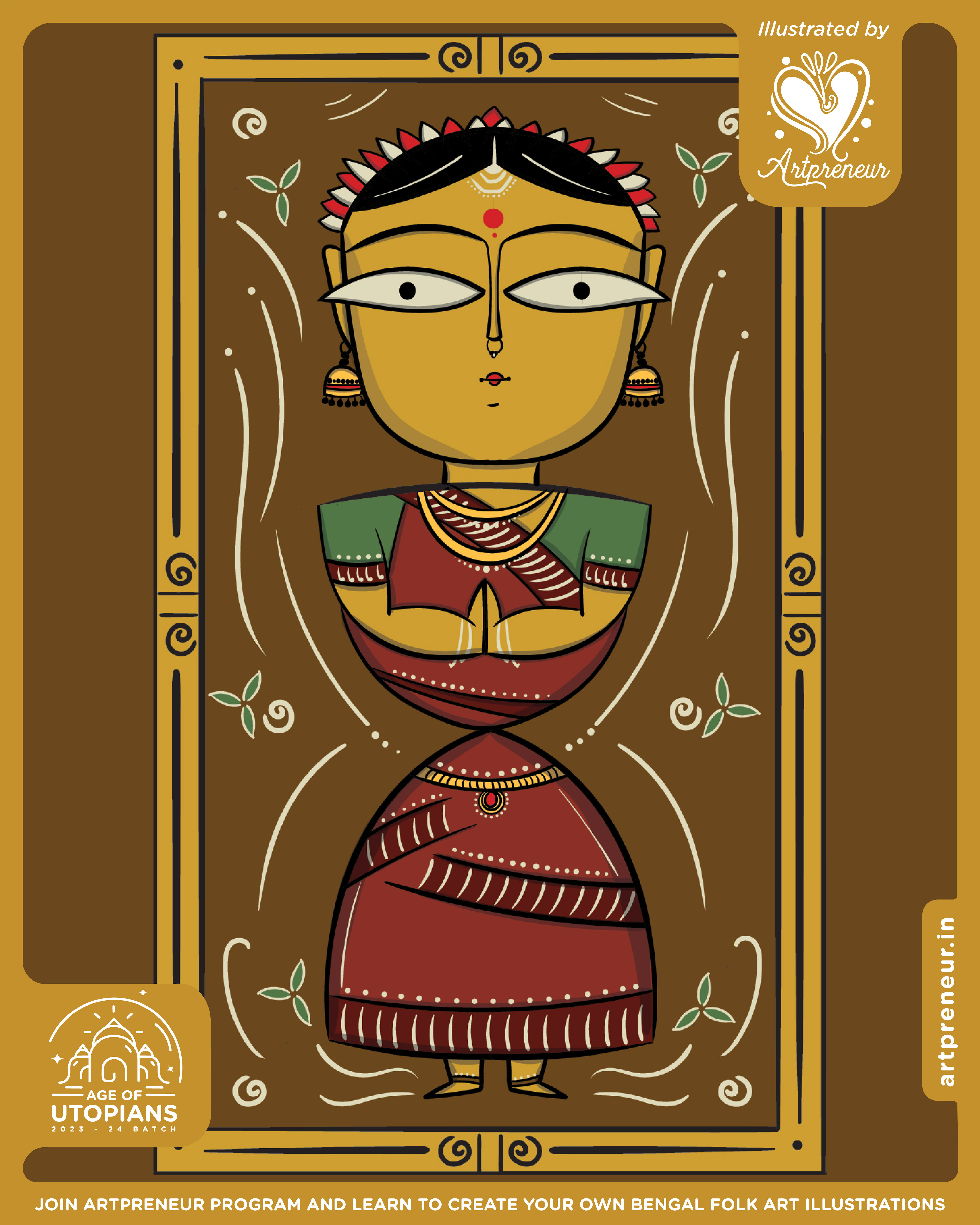 50 contemplated Bengal folk art illustrations: #53 Woman in a red sari, Jamini Roy style