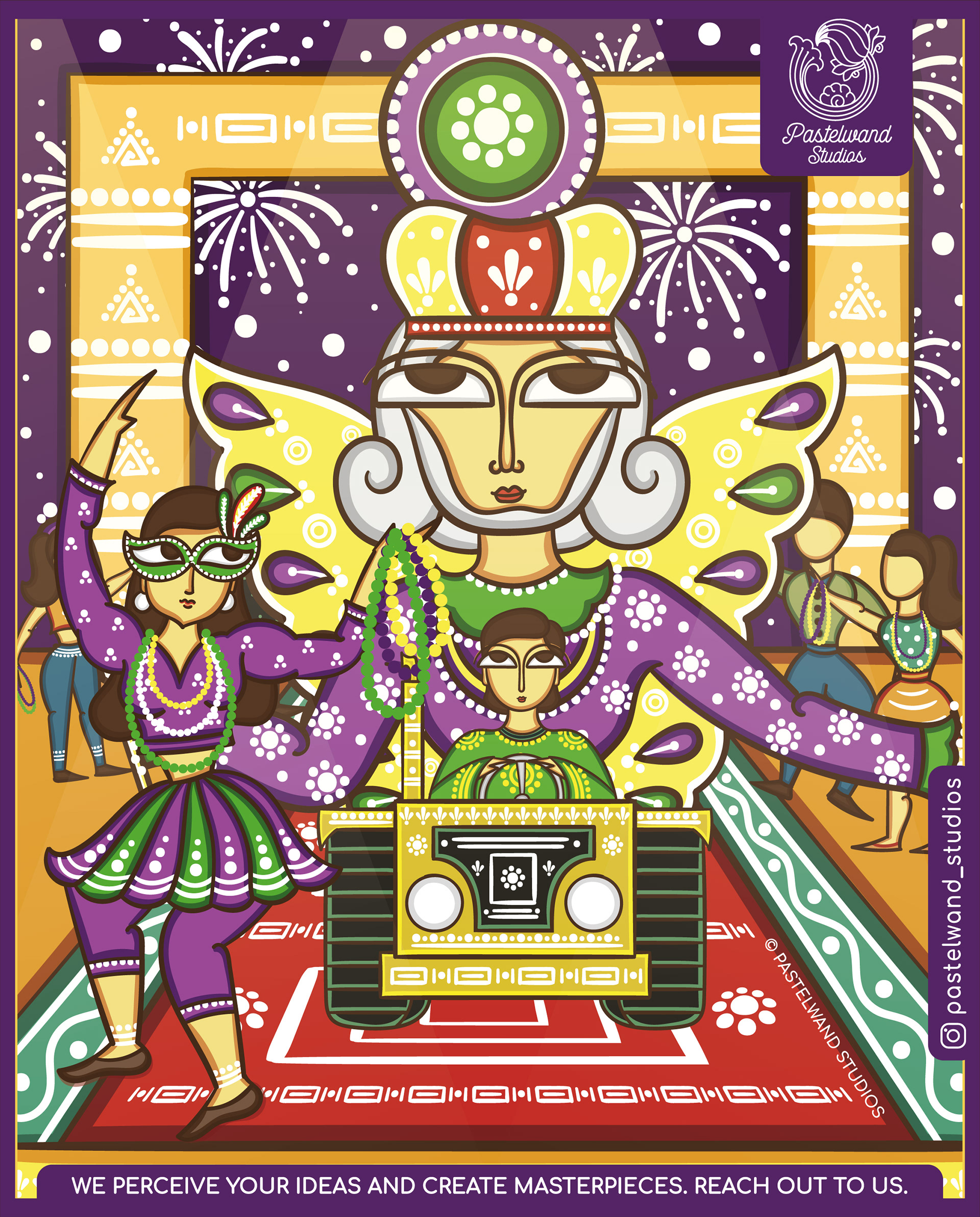 International festivals in Bengal Pattachitra style: a masked carnival with fireworks