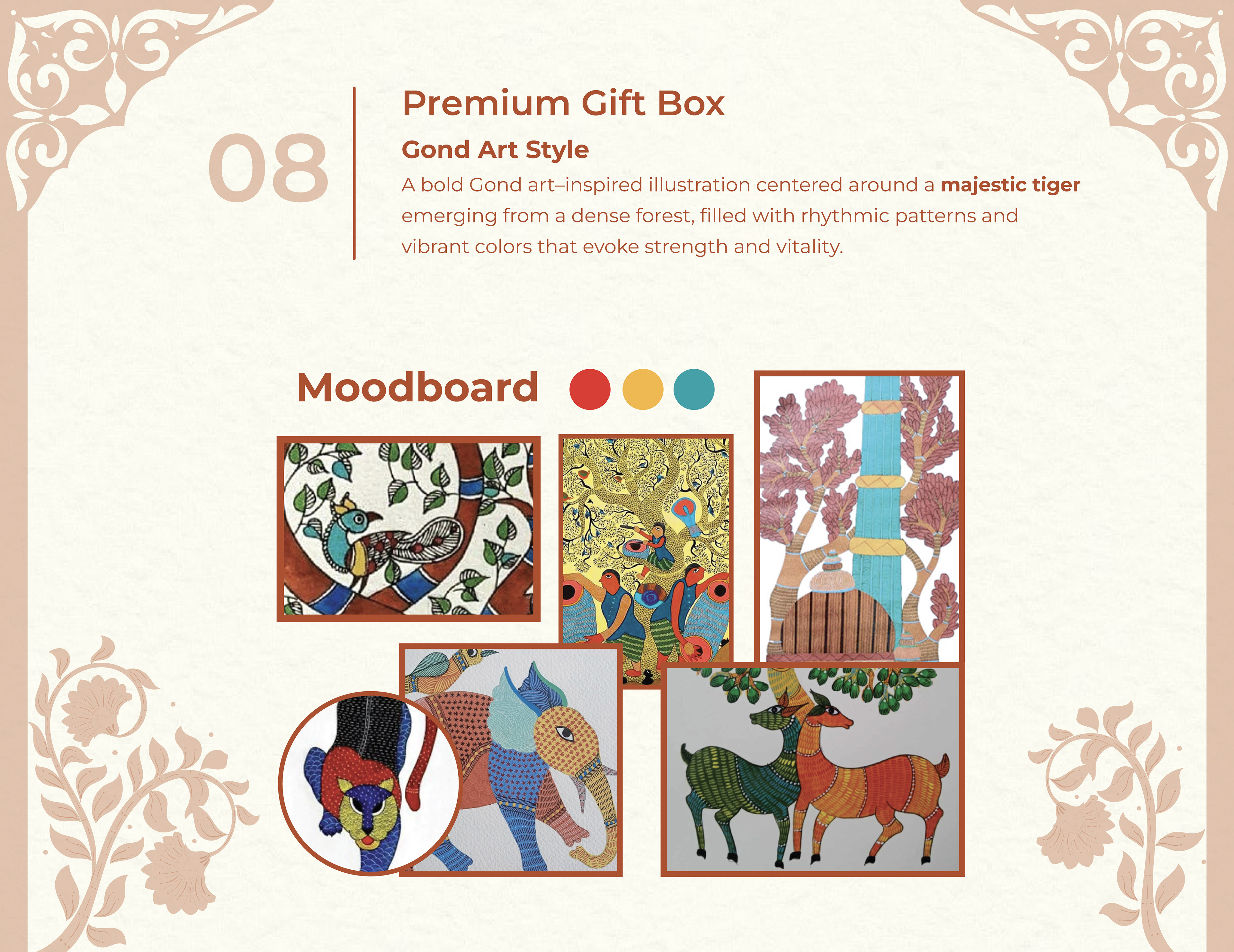 Homerah premium lifestyle candle and incense package design: premium gift box 08 in Gond art style, moodboard