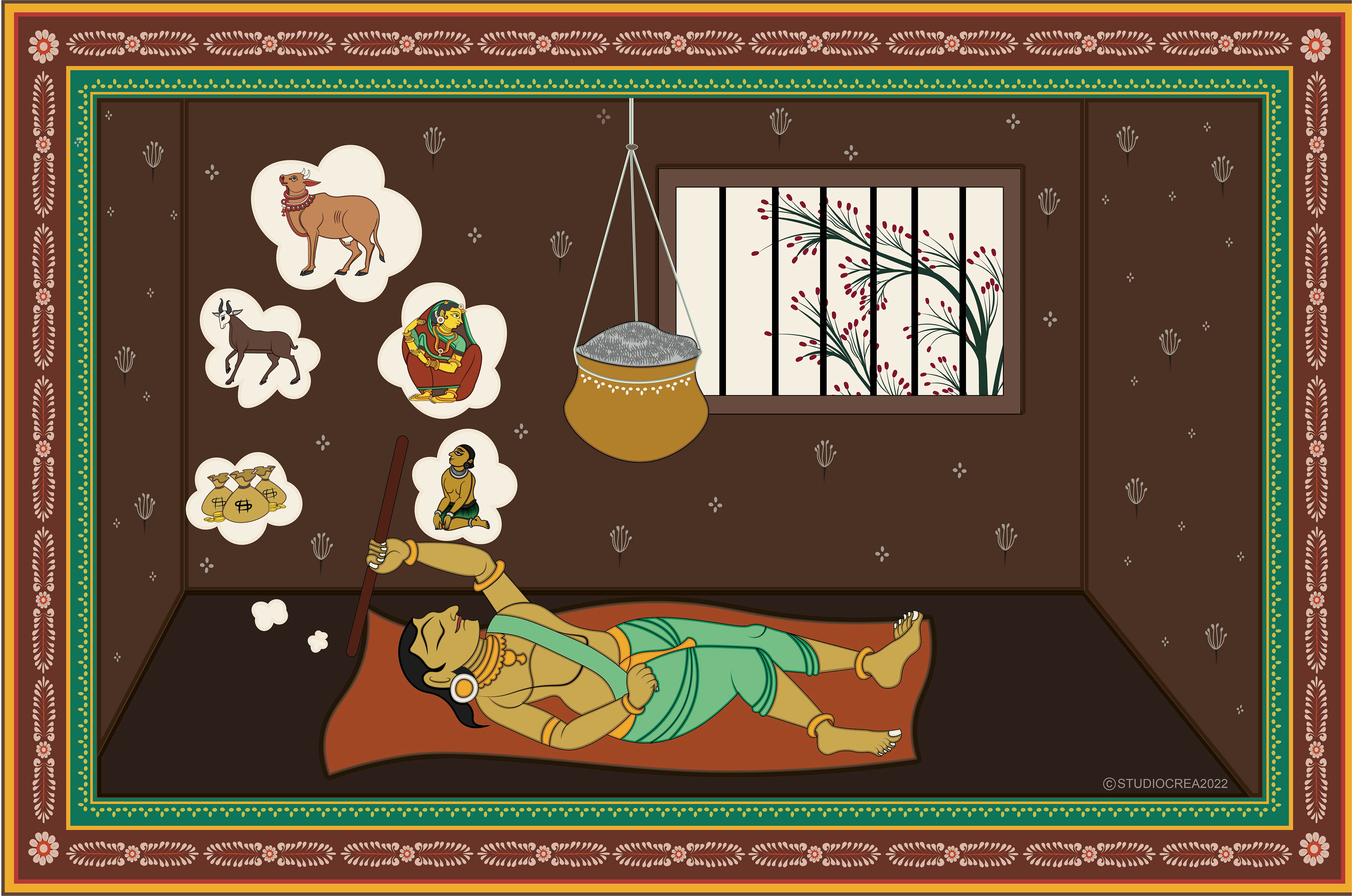 Panchatantra stories in Pattachitra style: a man dreaming of riches beside a hanging pot