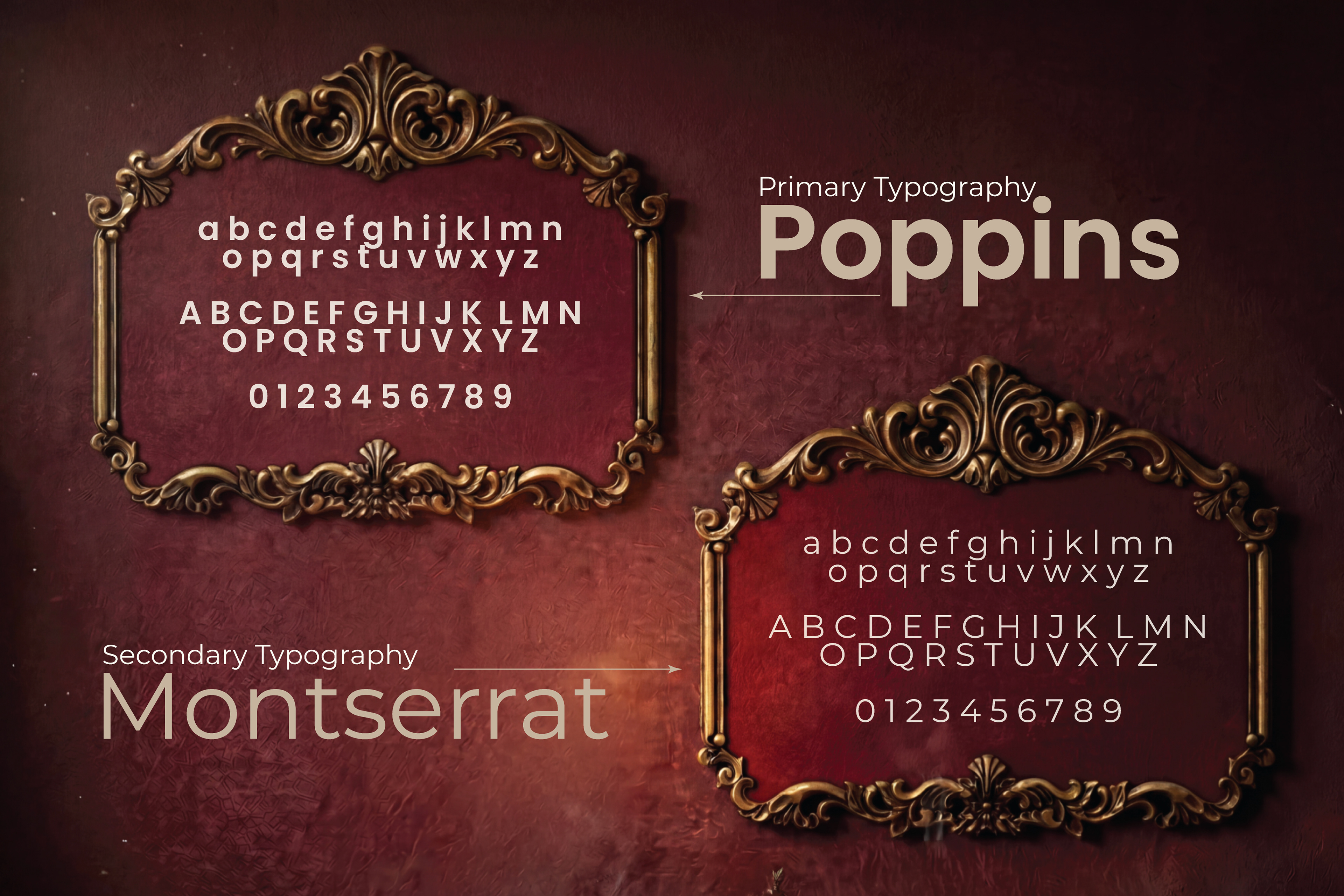 Ritualistic mindful essentials brand: typography sheet showing Poppins and Montserrat in ornate frames