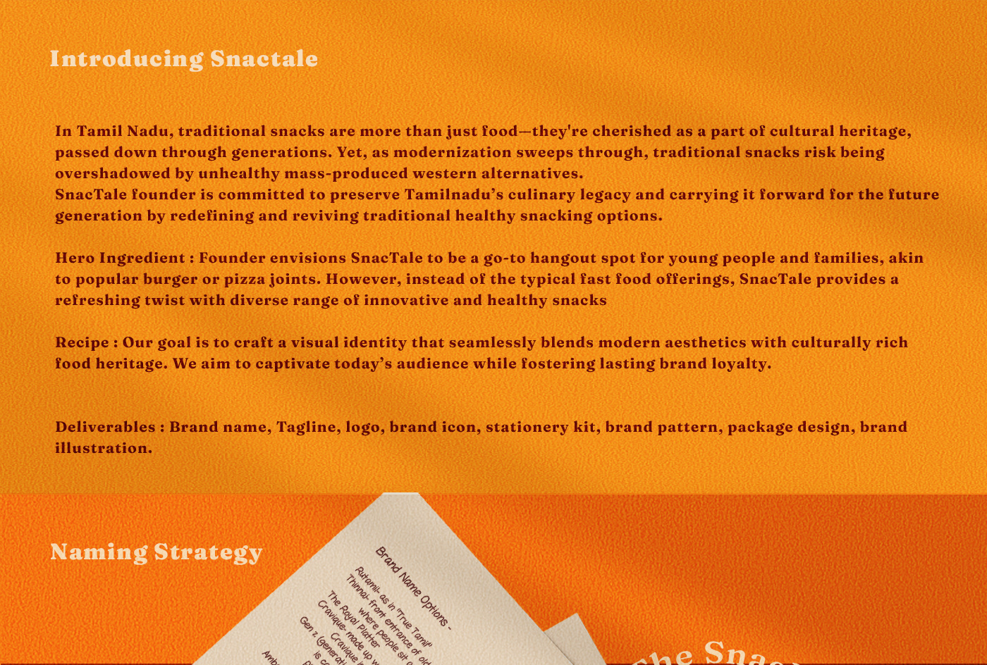 Snactale heritage snack bistro brand: introduction slide on the brand and naming strategy
