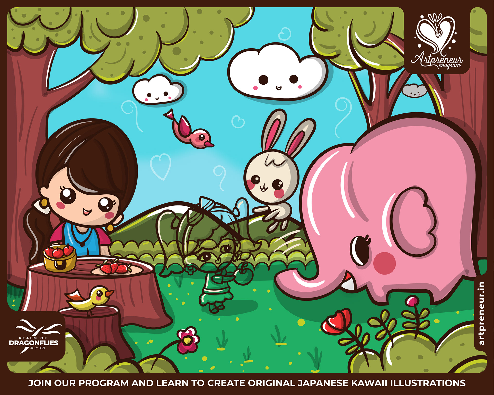 30 kawaii cute illustrations: #26 Girl with a pink elephant in the woods
