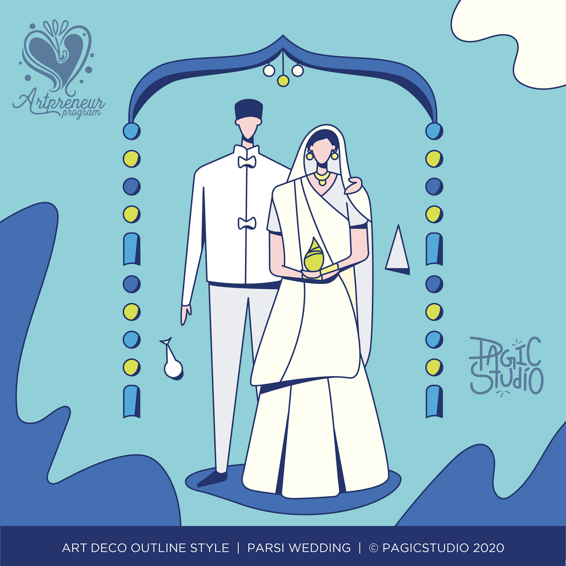 12 styles of Indian wedding couple in Art Deco outline: #12 Parsi wedding couple