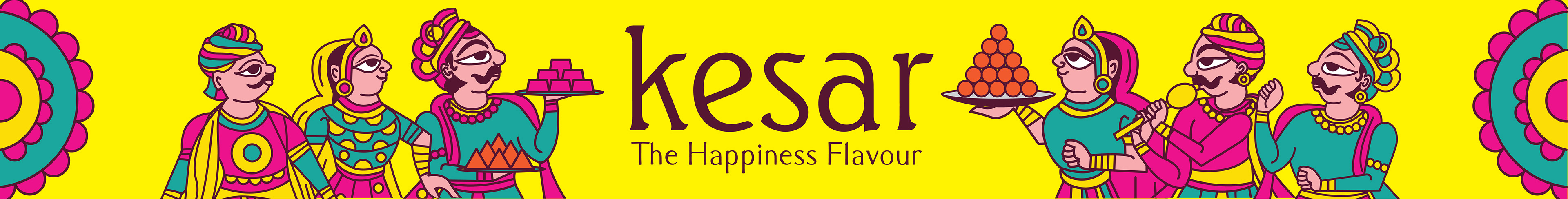Kesar sweet shop space branding in Phad painting style: Kesar banner with Phad style figures, space branding and illustration by Atma Studios