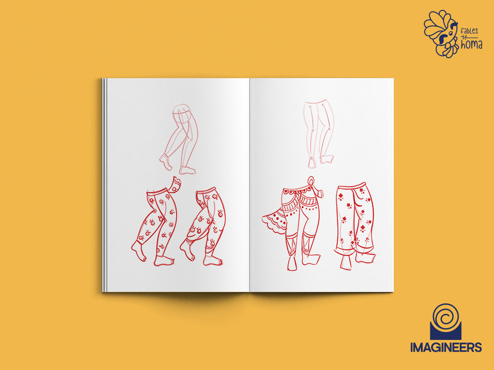 Epiphany Madhubani experimental illustrations: #18 Sketchbook page of hand and costume studies 16