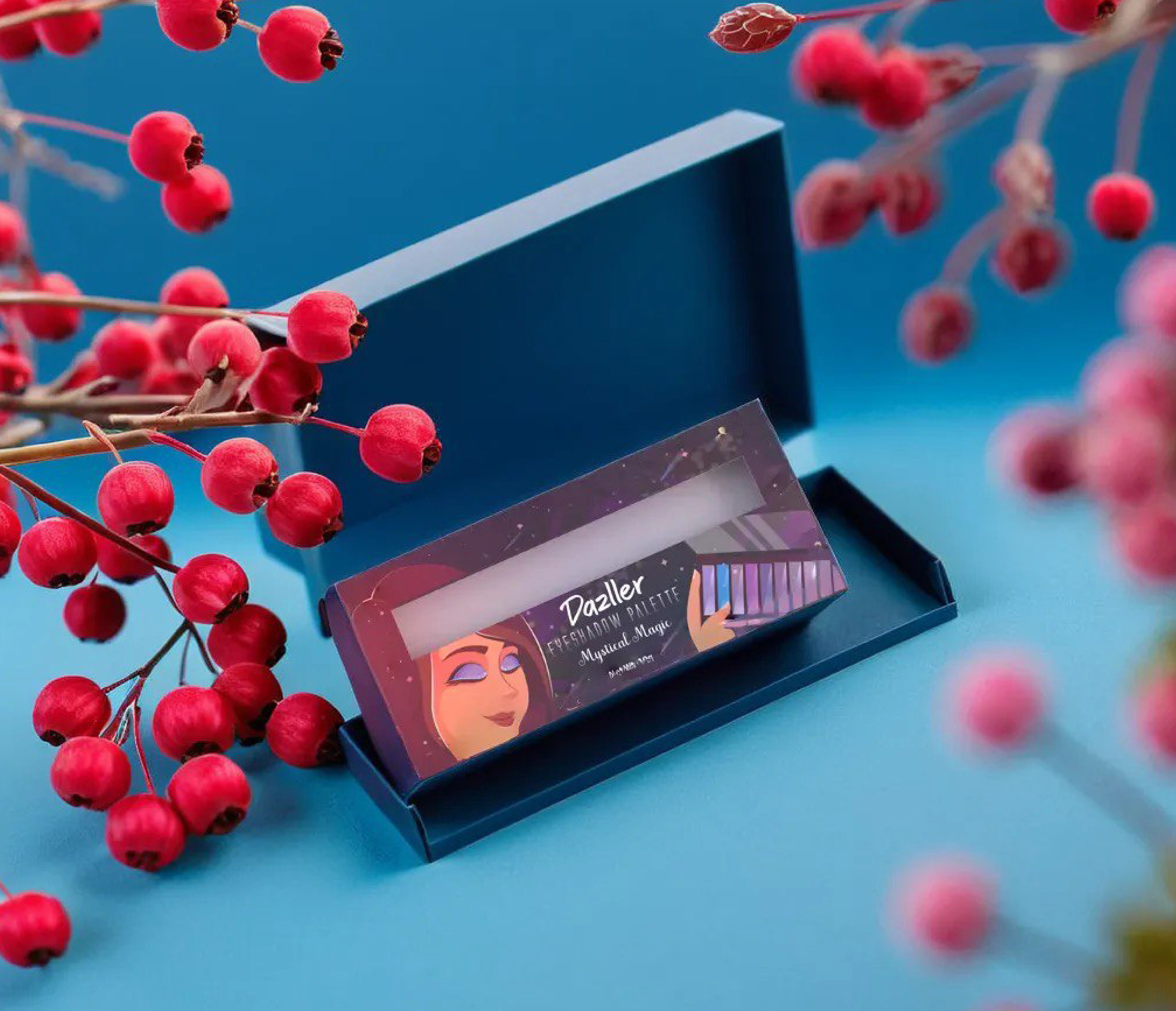 Dazller eyeshadow palette package design: open palette box with red berries