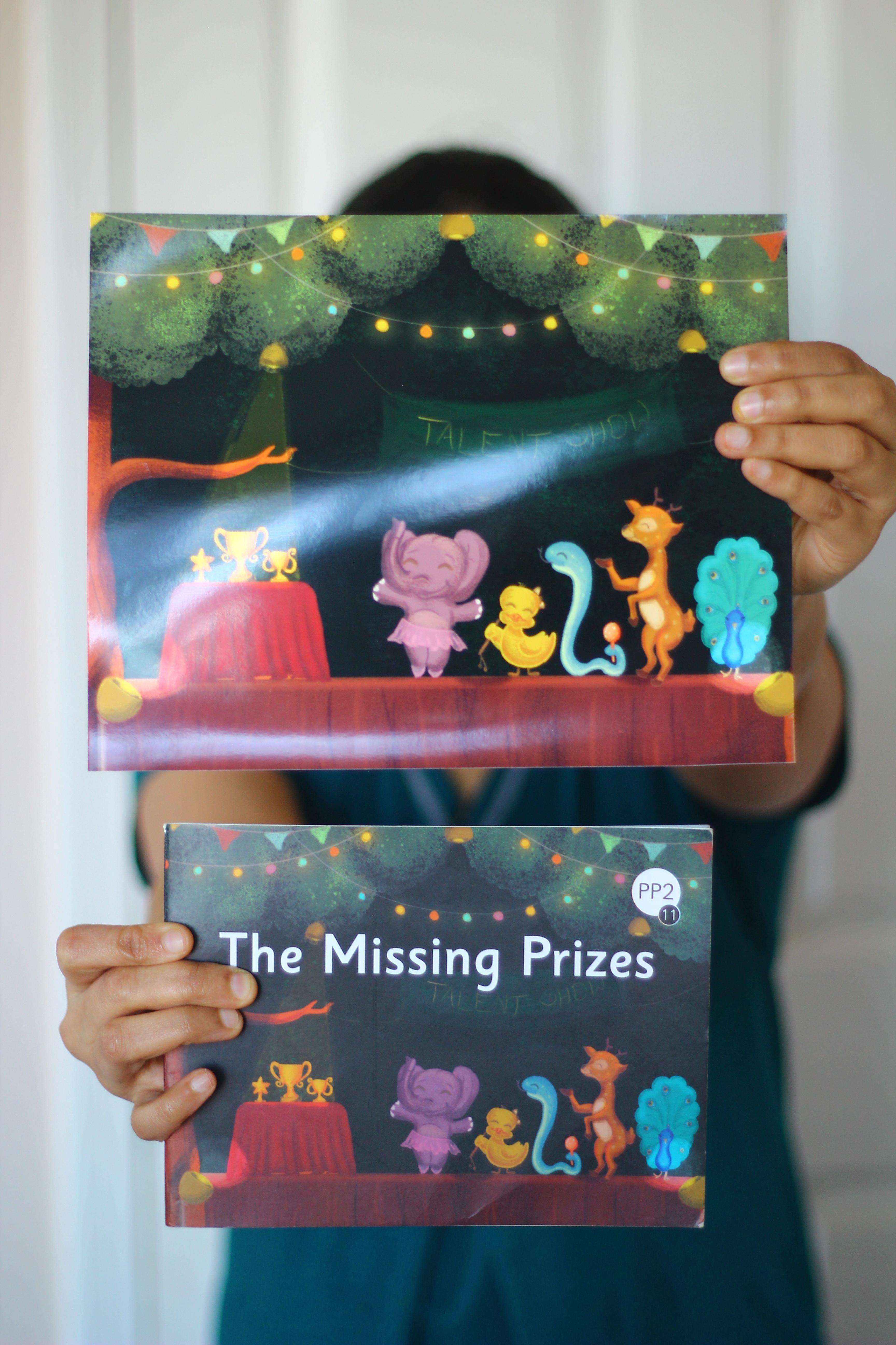 The Missing Prizes children's book: reader holding up the front and back covers