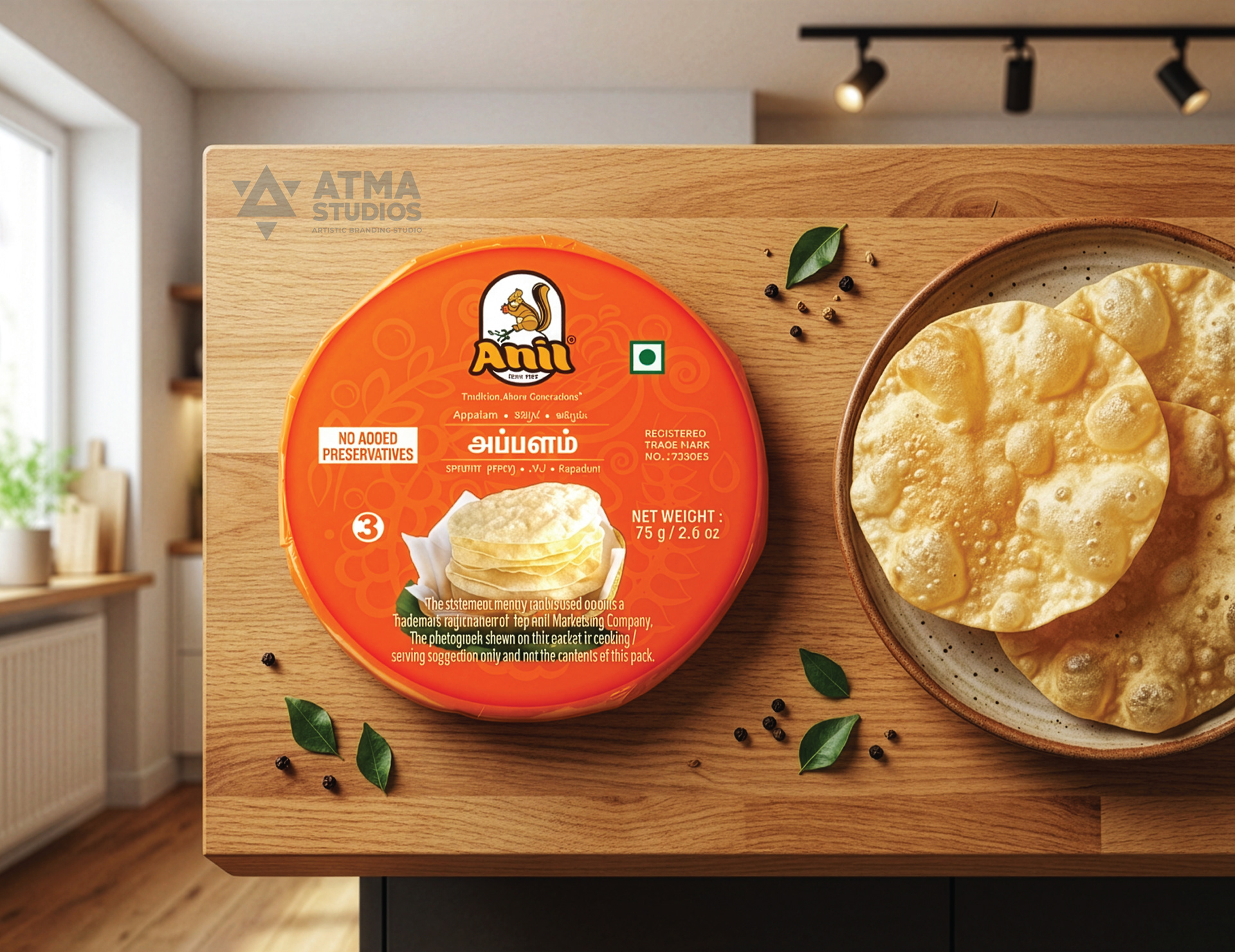 Anil Foods rebranding: appalam round pack mockup with fried appalams