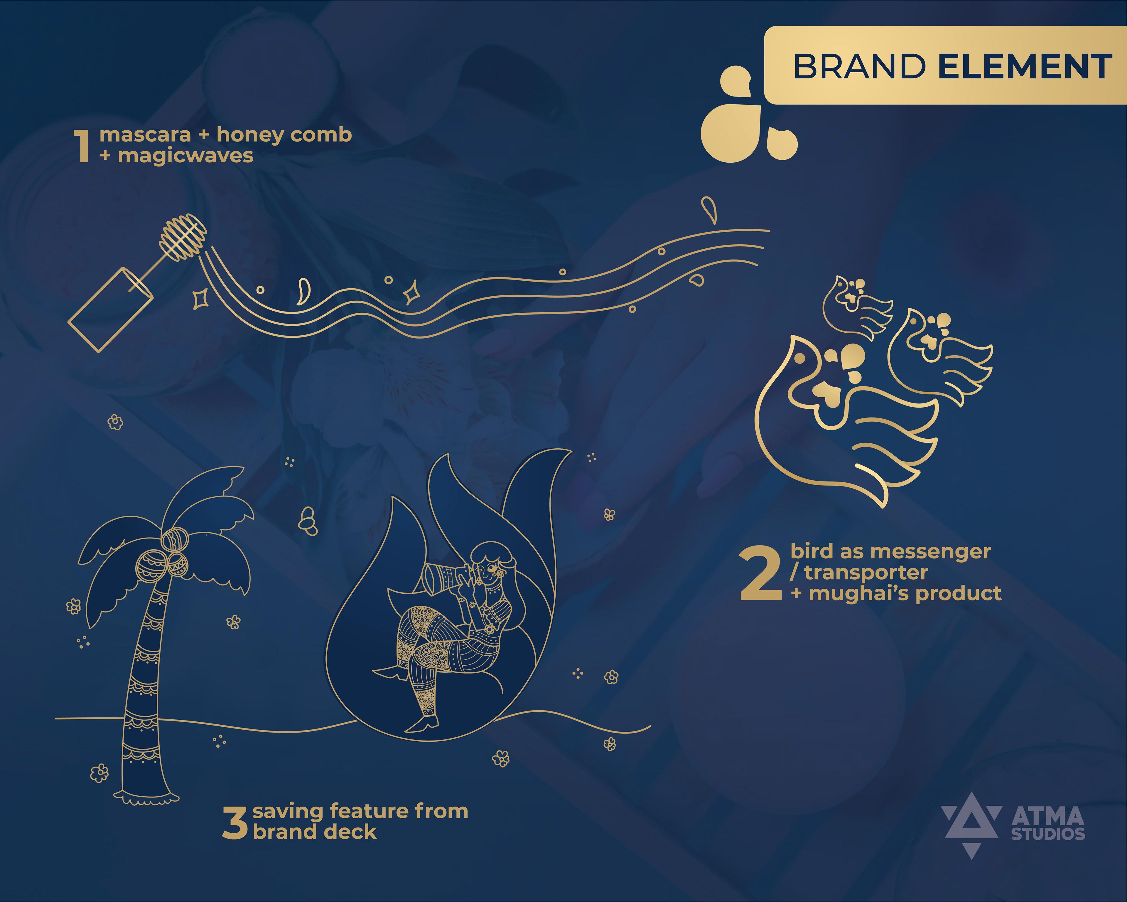 Mughai's Farm Origin Store rebranding: brand element illustration with palm tree, comb and wave lines