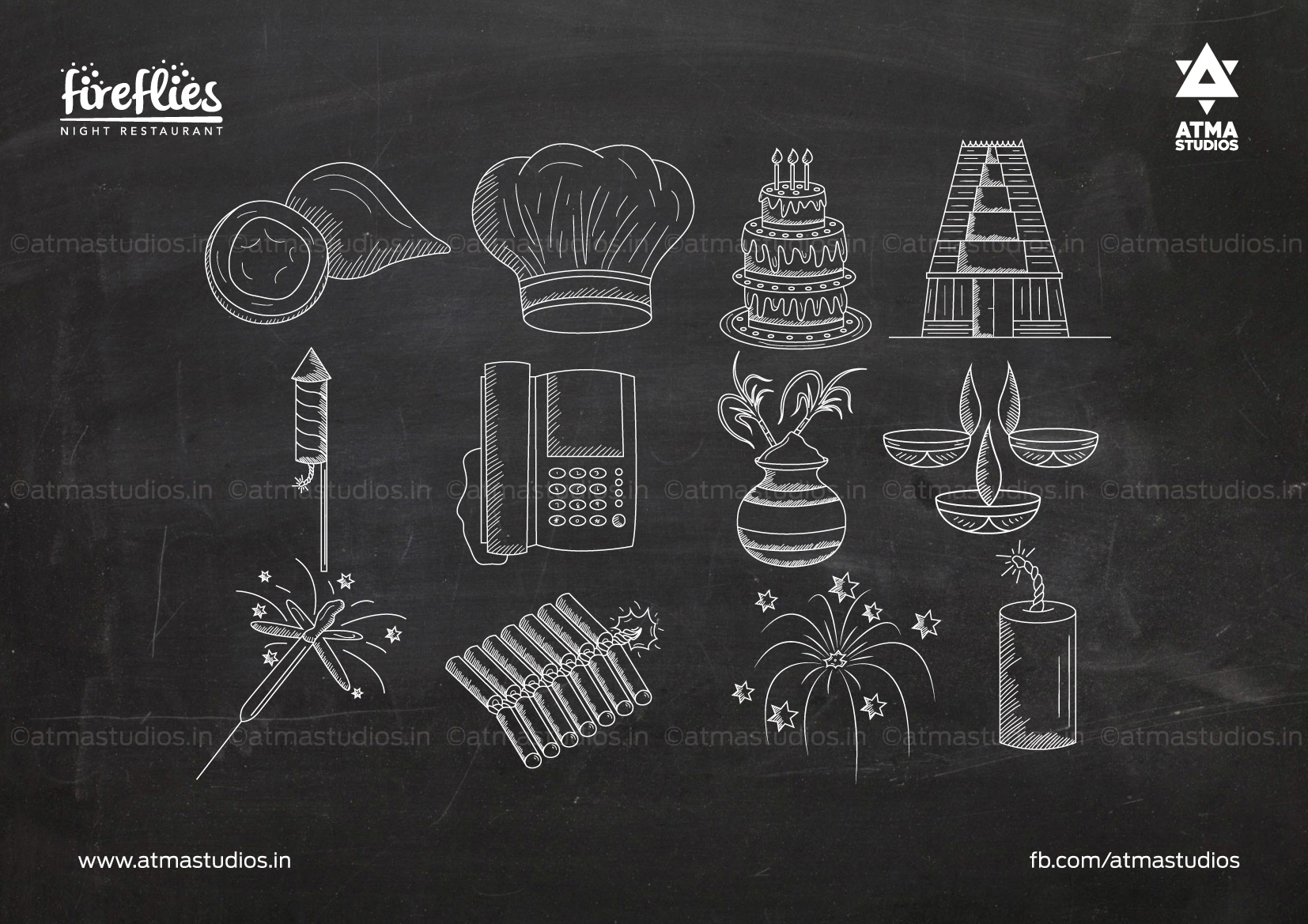 Fireflies chalk icon set: chef hat, cake, temple tower, lamps and fireworks