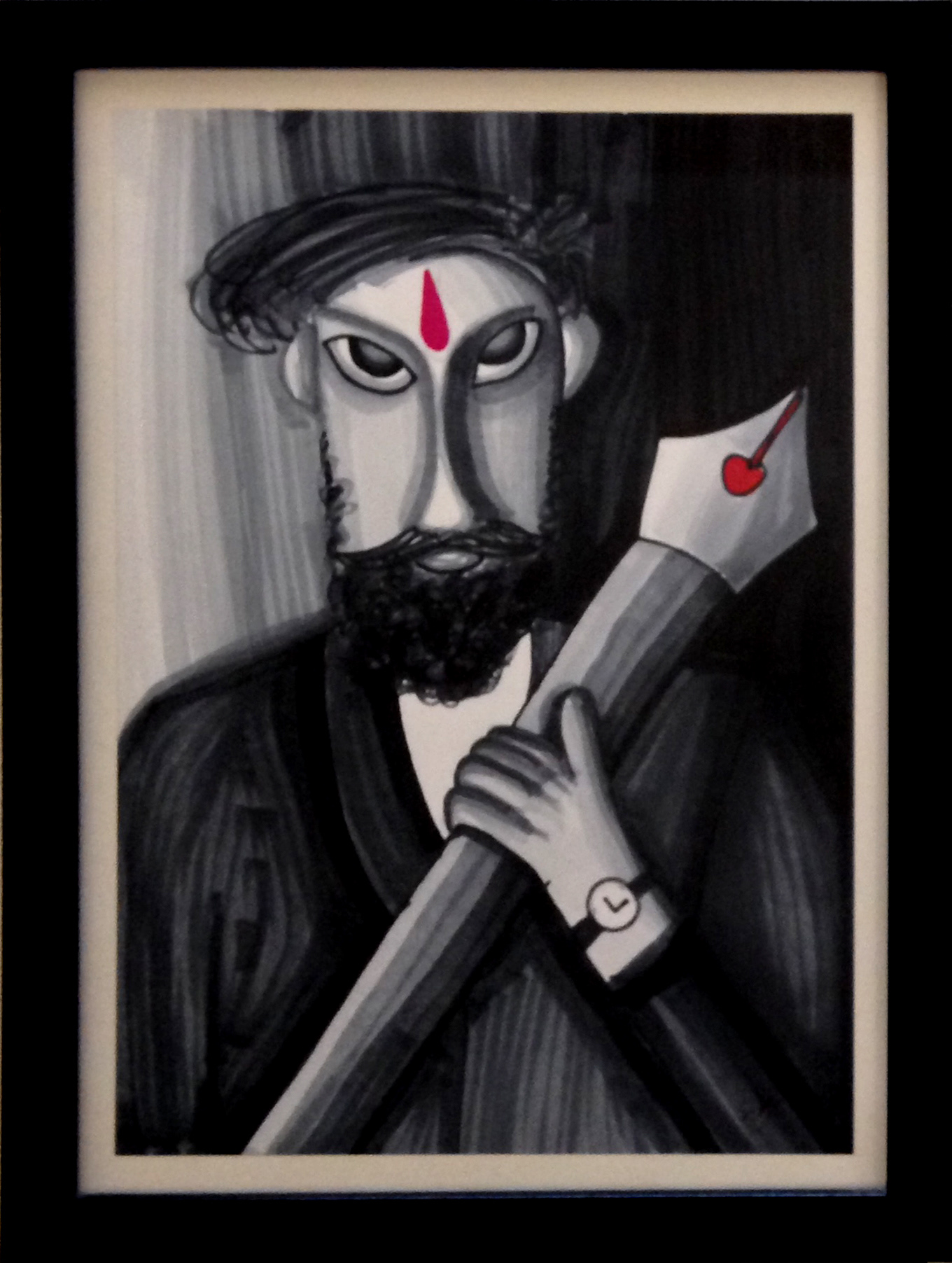 50 contemporary Indian folk art illustrations: #58 Black and white portrait with a pen