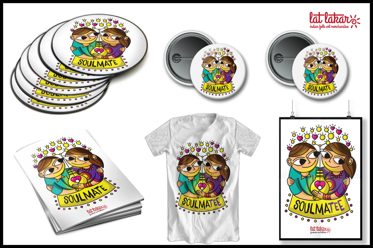 Lat Lakar Indian folk art merchandise: Soulmates badges, T-shirt and poster