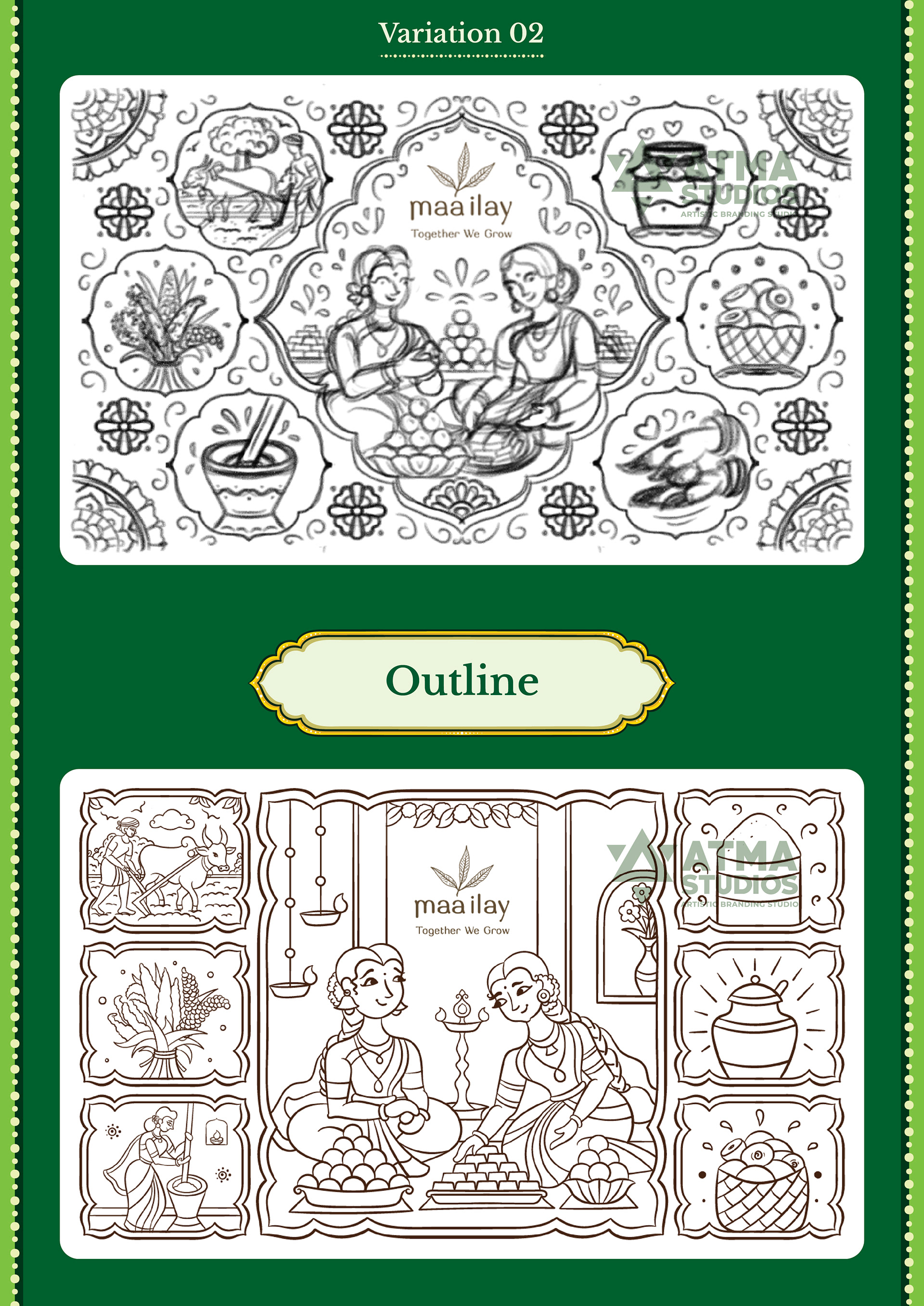 Maa Ilay illustrated sweet box package design: sketch variation 02 and final outline drawing