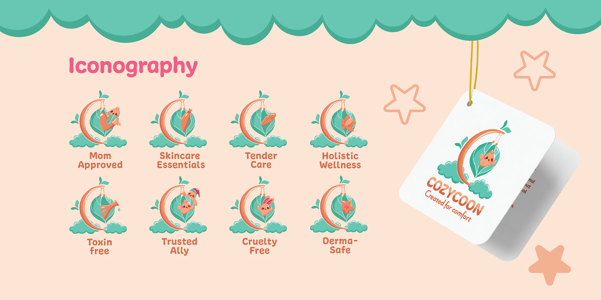 Cozycoon baby skincare brand: iconography set of eight icons with a hang tag