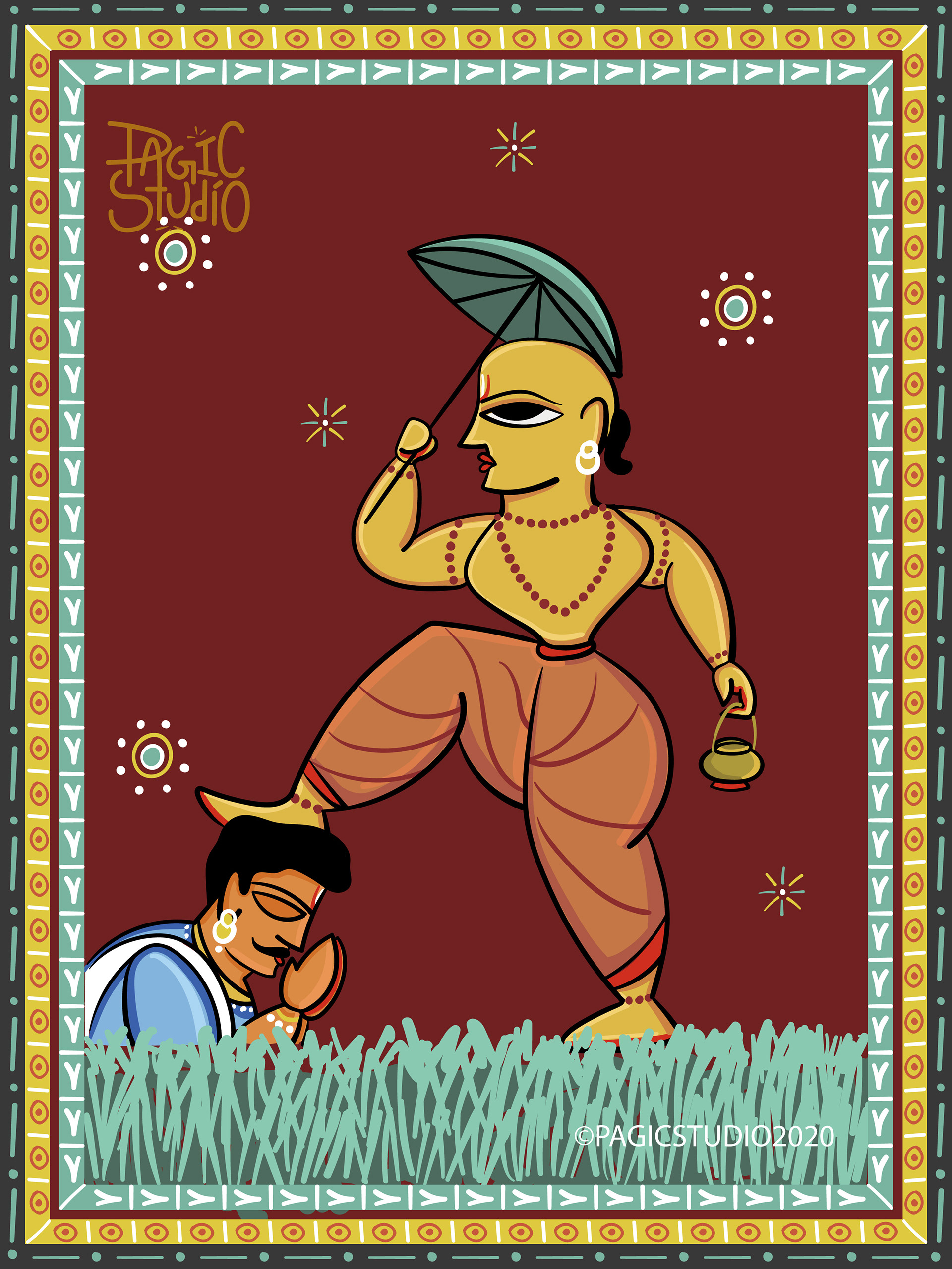 Dasavatara illustrations in Bengal Patua style: #5 Vamana, the dwarf avatar