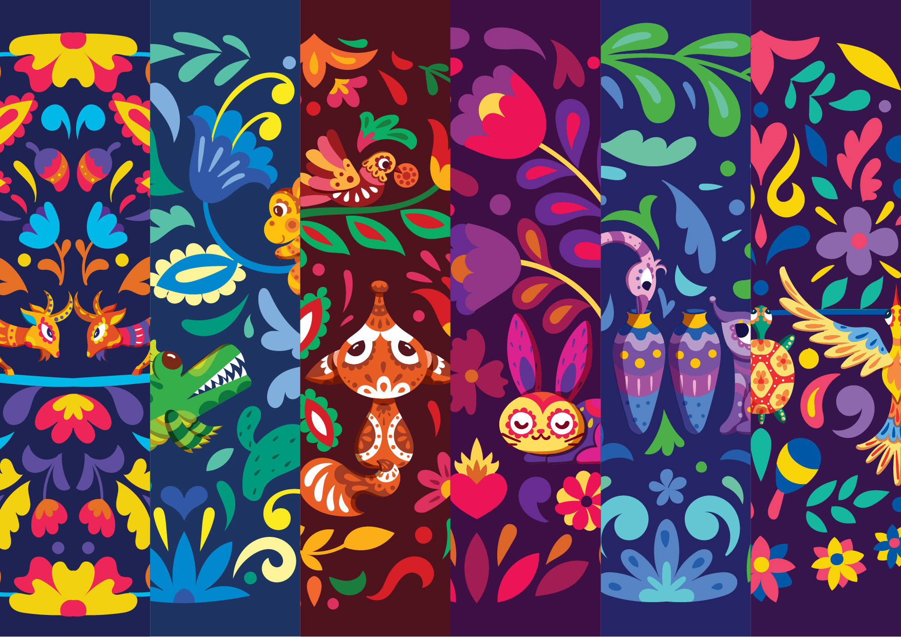 Panchatantra folk tales in Mexican Alebrije style: banner of six folk tale circles, illustration by Atma Studios
