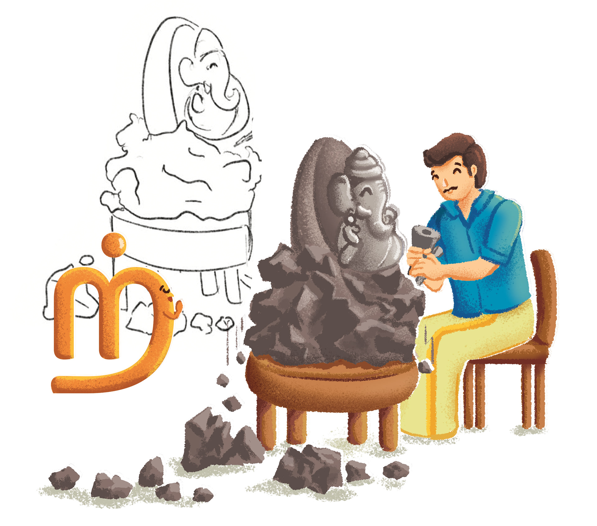 Vidhaippom Meithamizhai Tamil alphabet board book: sketch of a sculptor carving stone for a Tamil letter
